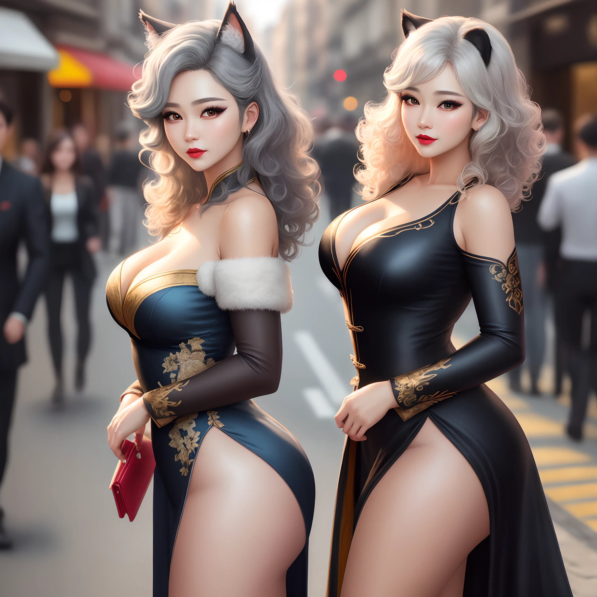Very detailed CG unity 8k wallpaper, (masterpiece), (best quality), (ultra detailed), (ultra realistic), (best character detail: 1.36), nikon d750 f/1.4 55mm, dynamic angles, professional lighting, Photon mapping, radiosity, physically based rendering, outdoors, busy street, looking at viewer, blushing, 1girl, mature woman, mature woman, tall body, golden ratio,(Kpop idol),(oil skin:1.2),( Oil skin:1.1), makeup,[:(high detailed face:1.2):0.2]:,PureErosFace_v1, ((curly gray hair and delicate style)),(aegyo sal:1),(puffy eyes),( Eyelashes: 1.1), (lips: 1.1), red lipstick, wide shoulders, (mid chest: 1.1), (cleavage: 1.1), animal ears, (big butt: 1.2), thighs, silk coat, Song Dynasty, Song Dynasty, Song suit