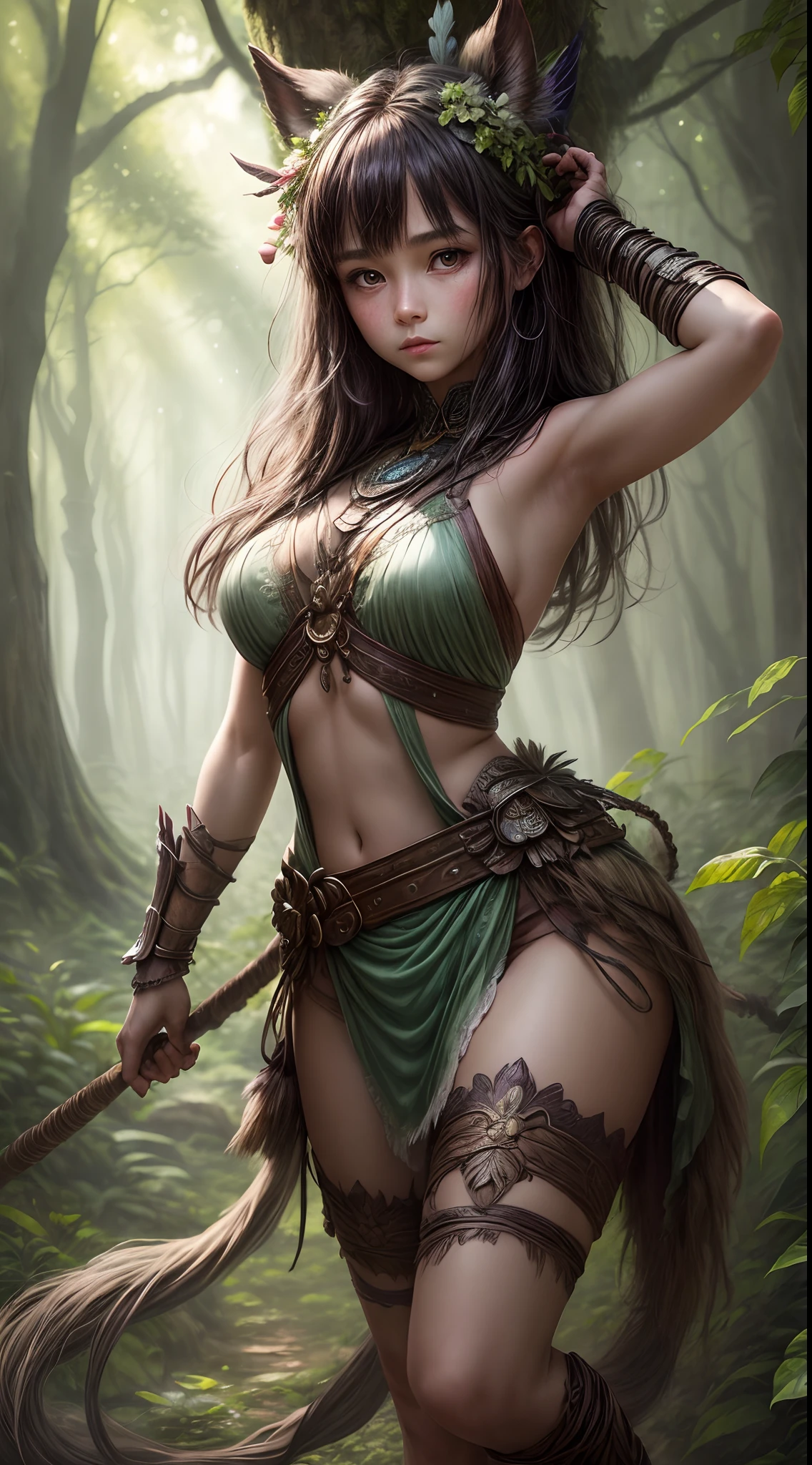 In the heart of a mystical forest, dappled sunlight filters through the canopy, illuminating the courageous young warrior girl as she moves gracefully between towering ancient trees, the leaves rustle beneath her feet, and delicate flowers bloom along her path, her weathered leather armor adorned with feathers and tribal symbols hints at her connection with nature and the spirits that dwell within, Painting, watercolor on textured paper, allowing the colors to blend and flow, creating an ethereal atmosphere