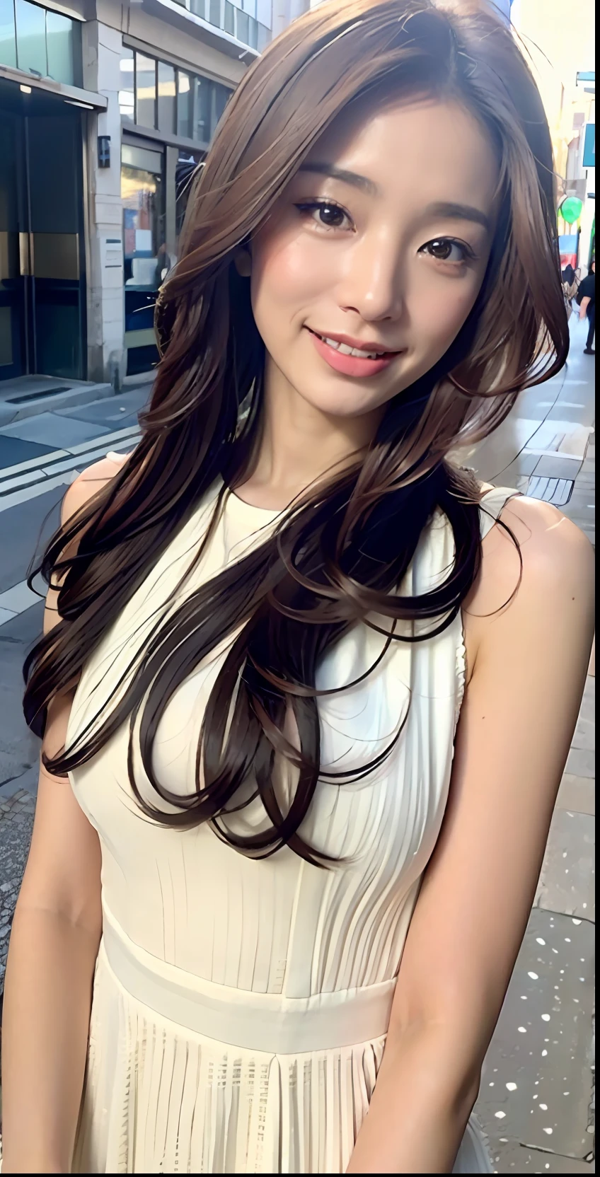 ((top-quality、8k、masterpiece:1.3))、1girl in、a smile、full bodyesbian、Slim Faces、Pretty women、(dark brown hair)、White dress dress、Ren Hao、hyperdetailed face、A detailed eye、二重まぶた、blured background、Slim Faces、城市、takeout、a street、