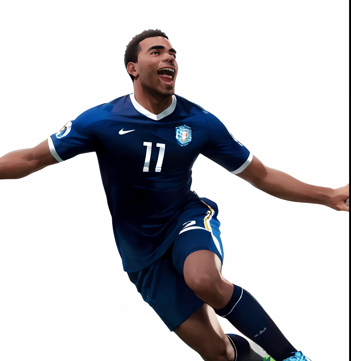 imagem arafed de um jogador de futebol em um uniforme azul, marcial, galante, editing, Greece, photo rendering, Imagem promocional, maximus jacobs, Banner, cinematic still, jogador de futebol, comemorar gol, inspirado em Willian Murai, Wallpapers, Directed by: Edwin Georgi, Celebrando, Pose triunfante, unedited, town square, Legendas, parecendo feliz, 2 0 1 4