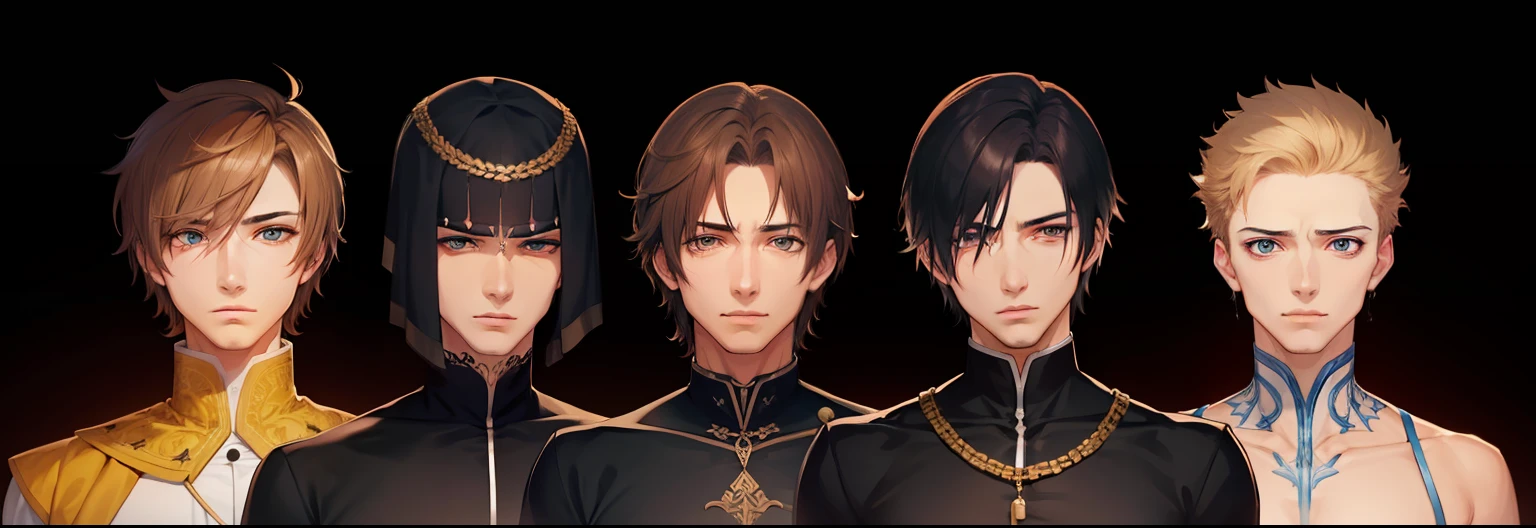 5 homens com roupas simples com correntes, each with different emotions.