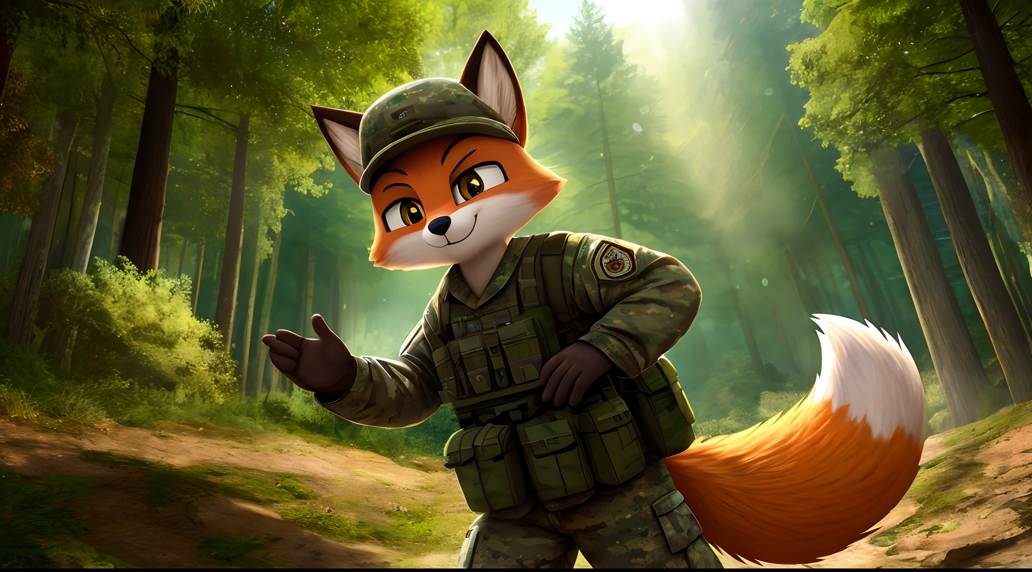 brave and cute anthropomorphic military soldier fox signaling that everything is fine, forest in the background, daylight, intricate detail, masterpiece, volumetric light, dynamic composition, high definition, ultra resolution, 8k, 2d cartoon style