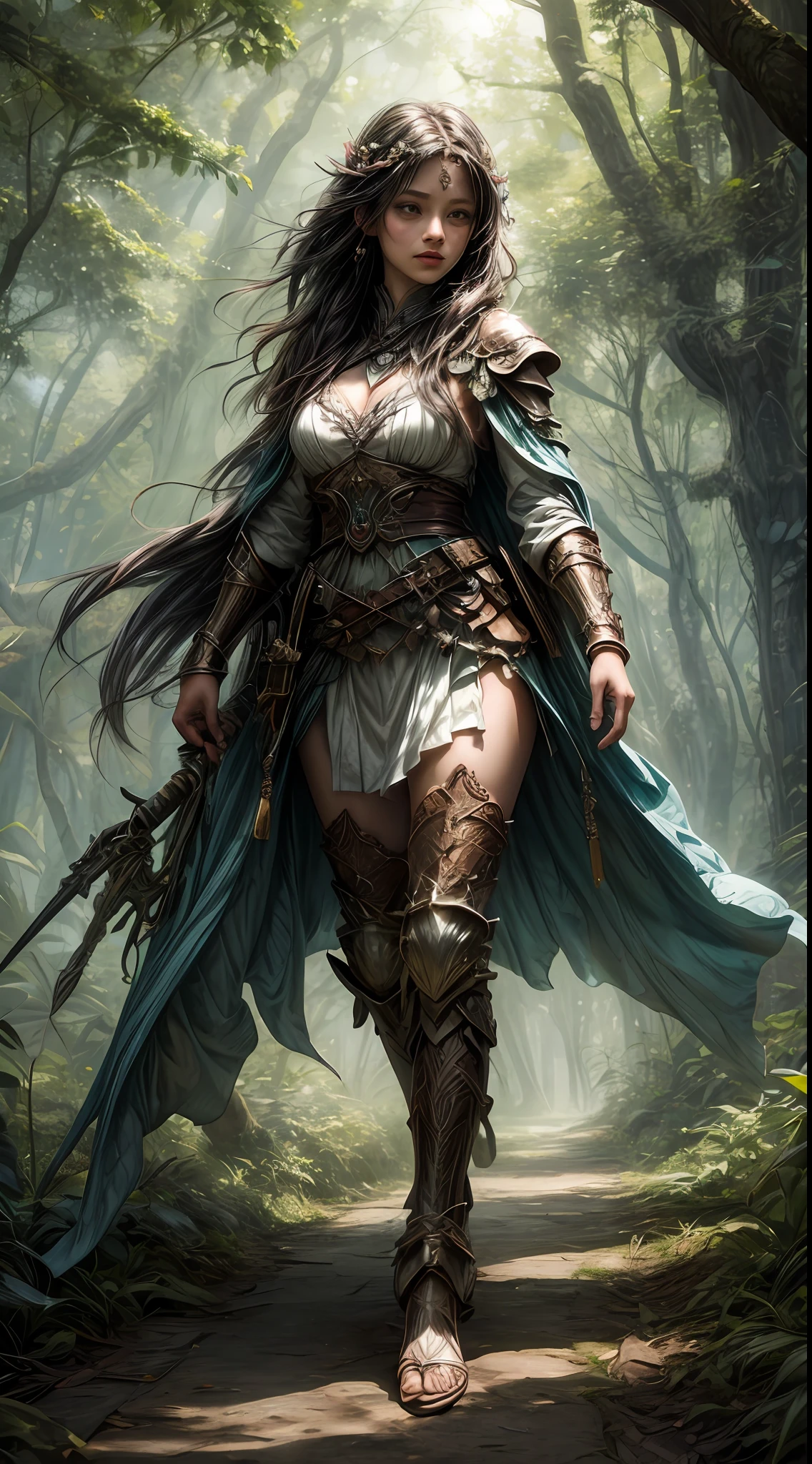 In the heart of a mystical forest, dappled sunlight filters through the canopy, illuminating the courageous young warrior girl as she moves gracefully between towering ancient trees, the leaves rustle beneath her feet, and delicate flowers bloom along her path, her weathered leather armor adorned with feathers and tribal symbols hints at her connection with nature and the spirits that dwell within, Painting, watercolor on textured paper, allowing the colors to blend and flow, creating an ethereal atmosphere