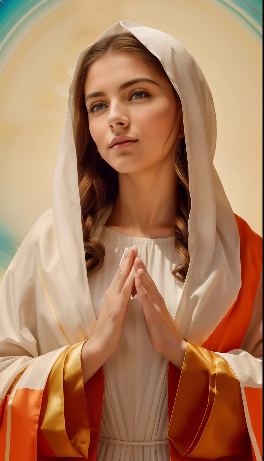 ((Blessed Virgin Mary. 19 years old))) (((imagen vintage))) ((( Con una cara seria y piadosa. Con una mirada dulce y tierna))) (obra maestra, calidad superior, mejor calidad, arte oficial, beautiful and aesthetic: 1.2), (1girl), extremadamente detallado, (Arte fractal: 1.3), colorido, highest detailed, Cara perfecta, parte superior del cuerpo, HDR, (orando: 1.3), (golden lines of white coat: 1.2), galaxia, (rayas de luz), eye-catching visuals, (dynamic stripes, senderos luminosos: 1.2), colores vibrantes,