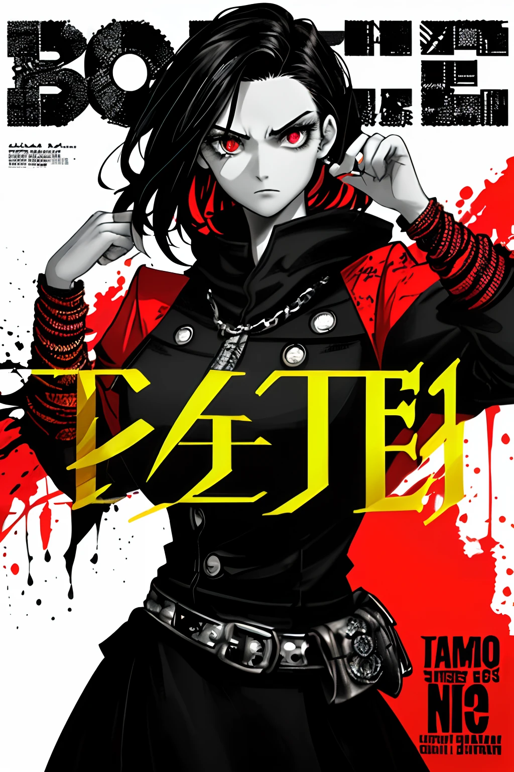 ((((dramatic))), (((gritty))), (((intense))) film poster featuring a young woman as the central character. She stands confidently in the center of the poster, wearing a stylish and edgy outfit, with a determined expression on her face. The background is dark and gritty, with a sense of danger and intensity. The text is bold and attention-grabbing, with a catchy tagline that adds to the overall feeling of drama and excitement. The color palette is mainly dark with splashes of vibrant colors, giving the poster a dynamic and visually striking appearance,tachi-e (magazine:1.3), (cover-style:1.3), fashionable, woman, vibrant, outfit, posing, front, colorful, dynamic, background, elements, confident, expression, holding, statement, accessory, majestic, coiled, around, touch, scene, text, cover, bold, attention-grabbing, title, stylish, font, catchy, headline, larger, striking, modern, trendy, focus, fashion,