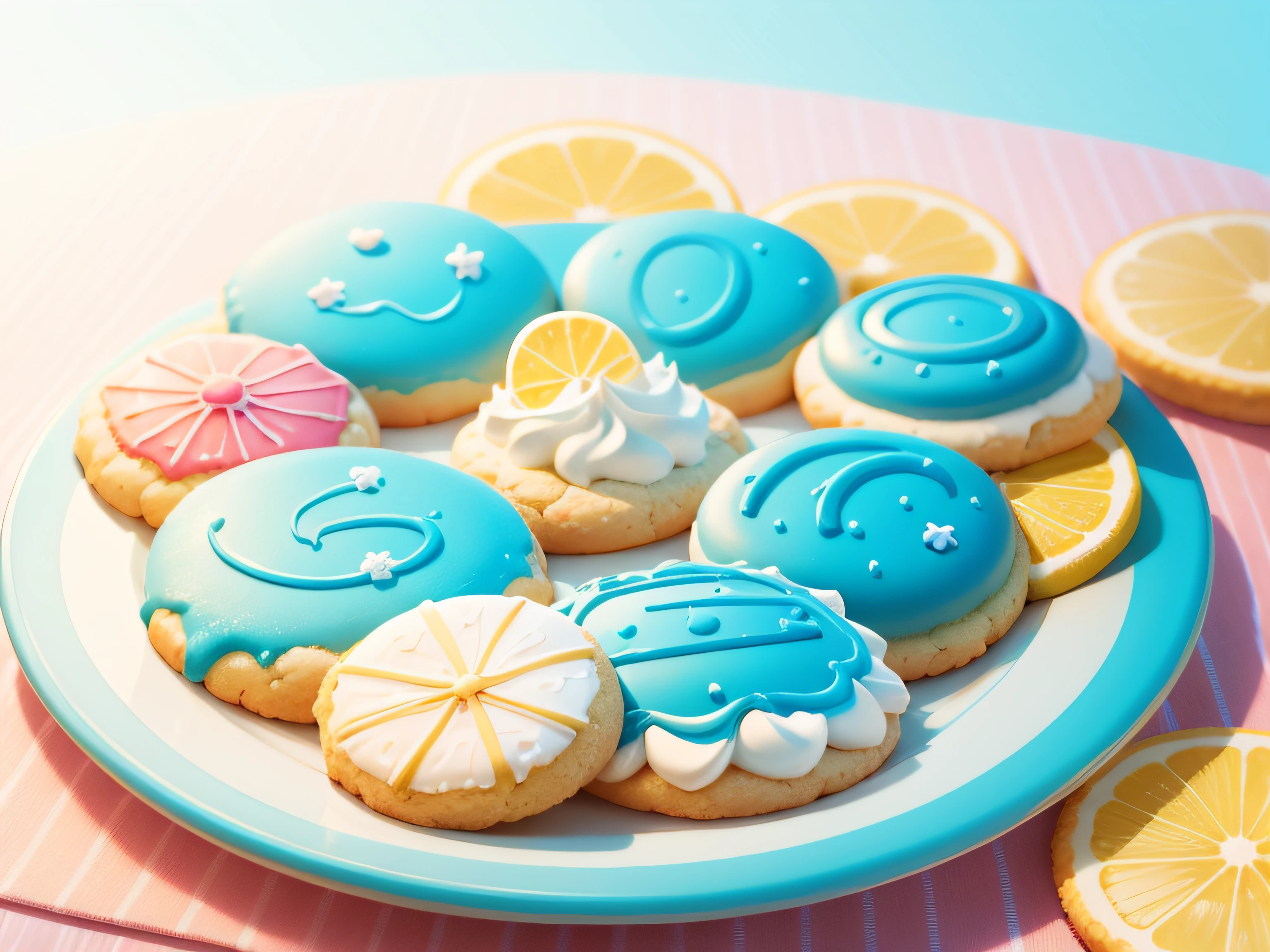 Tableau with icing cookies with summer vacation theme, In a variety of shapes and colors, Realistically rendered, photo-like style.