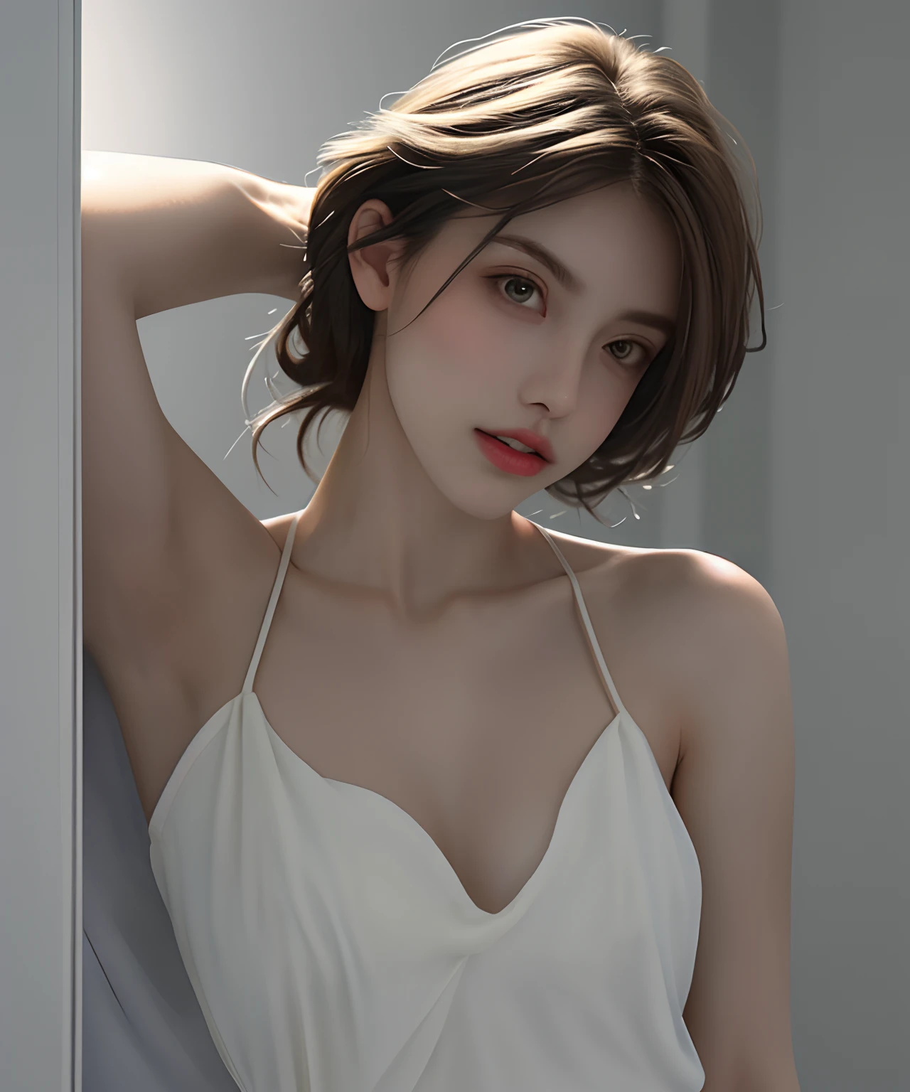 Fashion model 25 years old, [Close-up]]]], [[Chest]]]], [Neck]]]], [Shoulder]]]], perfect eyes, perfect iris, perfect lips, perfect teeth, perfect skin, soft front light, glow, HDR, (muted colors: 1.2)