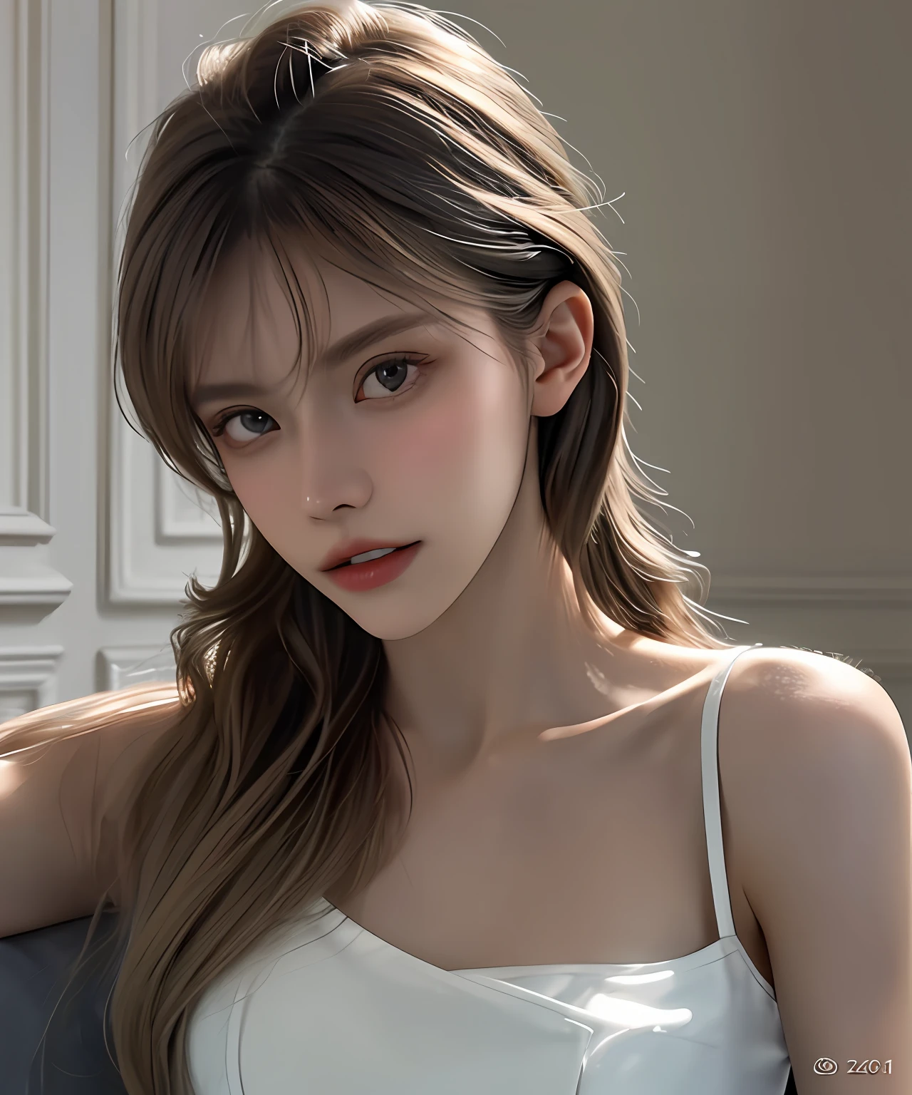 Fashion model 25 years old, [Close-up]]]], [[Chest]]]], [Neck]]]], [Shoulder]]]], perfect eyes, perfect iris, perfect lips, perfect teeth, perfect skin, soft front light, glow, HDR, (muted colors: 1.2)