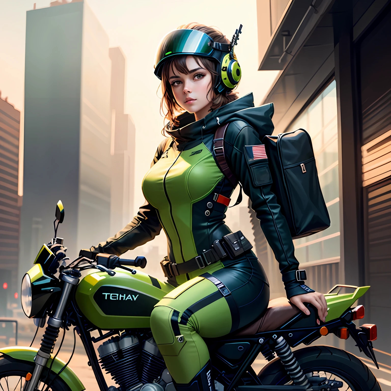 woman in green and black motorcycle outfit sitting on a motorcycle, sitting on cyberpunk motorbike, wearing techwear and armor, futuristic clothing and helmet, girl in mecha cyber armor, clothed in sci-fi military armor, mechanized soldier girl, wojtek fus, wearing green armor and helmet, perfect android girl, cyber suit, scifi woman, armor girl, green armor