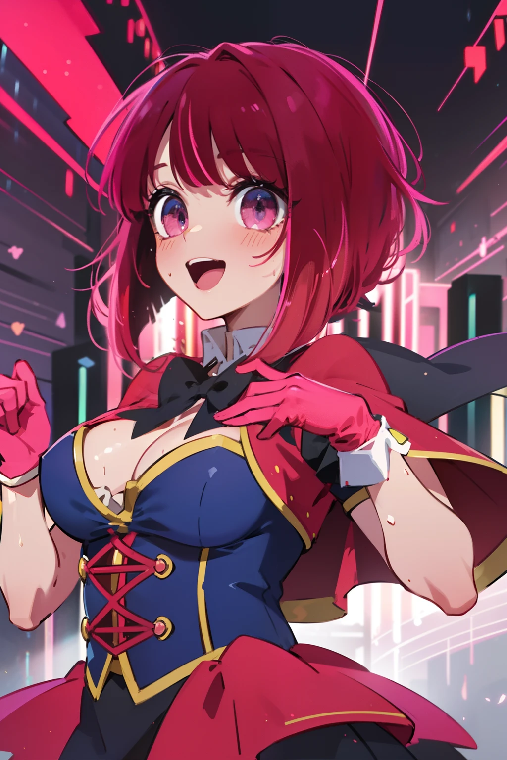 best quality, masterpiece, 2d, masterpiece, best quality, anime, highly detailed, cowboy shot, 1girl, solo, looking at viewer, smile, red hair and a red eye, happy, sweating, posing, ((red dress)), (((pink gloves))), dancing, singing, glow, on stage, hair ornament, stage, lights, streaked hair, glowing eyes, medium breast, gloves, mouth open singing, short cape corset, black skirt, Red skirt, red skirt, 8k