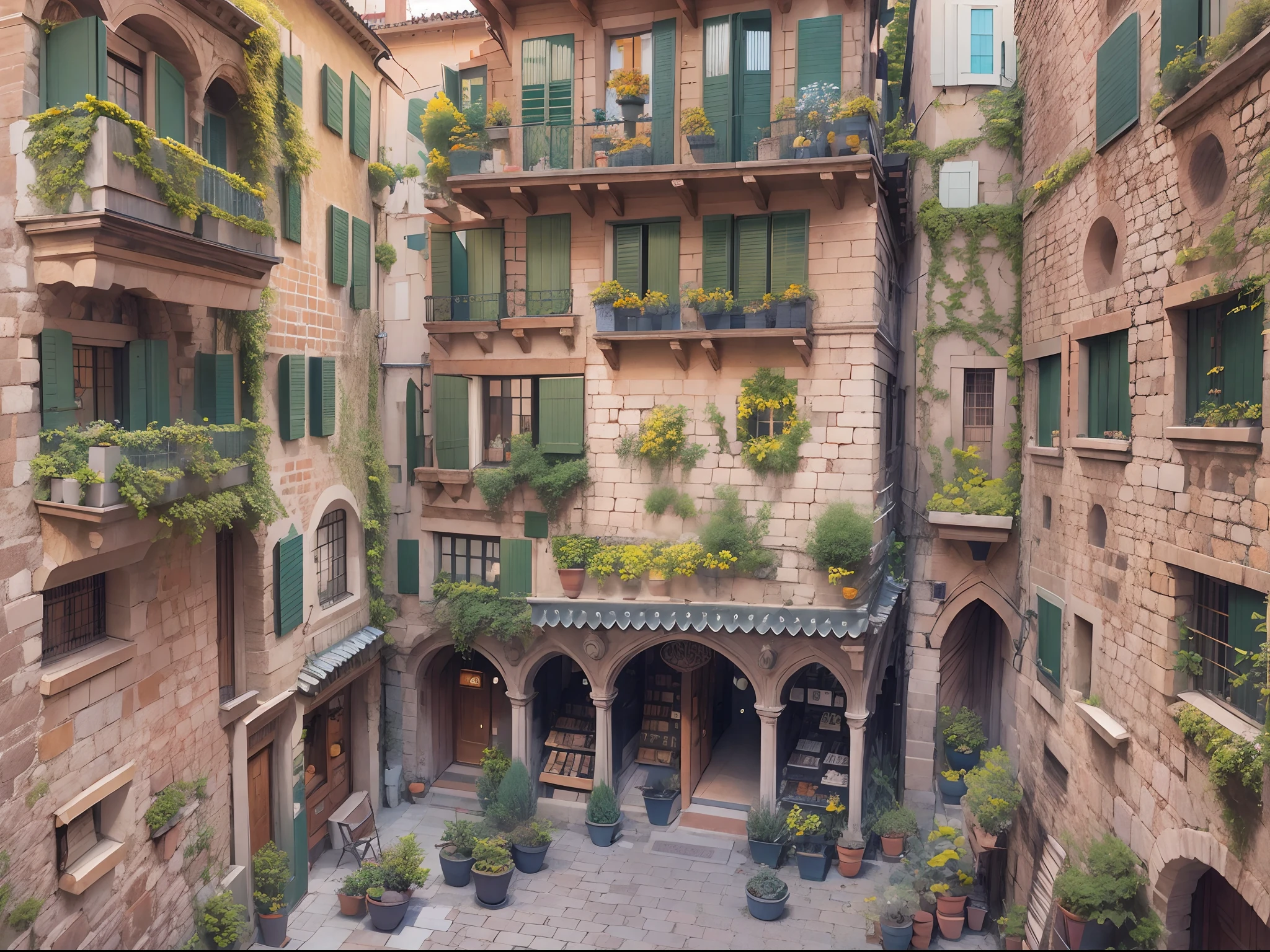 Short buildings、À la Fed View of Stone Pickup Street, Gothic Quarter, Medieval architecture, Barcelona,, baroque winding cobbled streets, 3 4 5 3 1, Spread out in a magnificent courtyard, winter sun, Buildings carved from stone, In Barcelona、No humans、unmanned、leisure、Silence、Vanishing point on the right、in isekai、Many shops on both sides、No big buildings、Not urban-like、countryside、Park Hyun