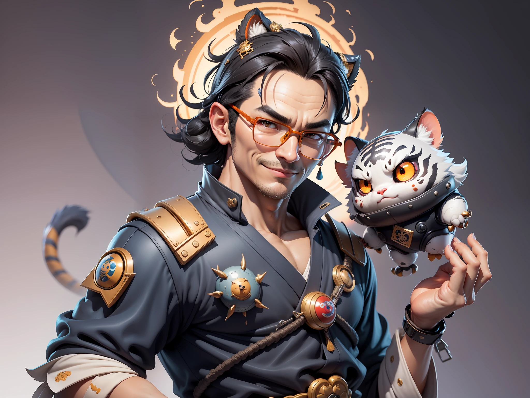 (Masterpiece), (Excellent), (Super Meticulous), (Full Body: 1.2), Super Young Man with Japanese Female Geisha, Pretty, Beautiful, Chinese Dragon, Tiger, Wind God Thor, Sexy, Bursting, Oriental Face, TV Anchor, Bust Portrait Illustration, Black Suit, Blue Tie, Slightly Chubby Face, Silver Glasses, Very Clean Face, No Beard on Chin, Black Super Short Hair, Black Eyes, Confident Smile, 3c Computer Sub-Products, iPad, iPhone, Digital Painting, 3D character design by Mark Clairedon and Pixar and Hayao Miyazaki and Akira Toriyama, the illustrations are HD illustrations in 4K resolution with highly detailed facial features and cartoon-style visuals.