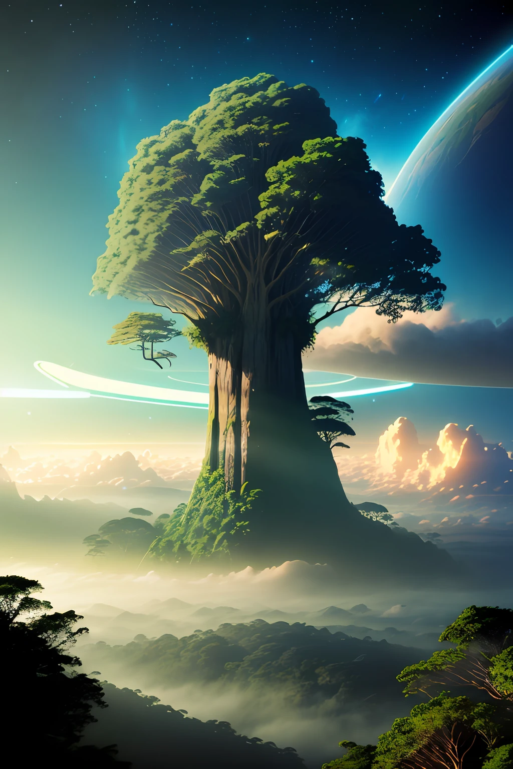 great outdoors　genre　Amazonia　World Tree　Forest surrounding giant trees that break through the sky　Sun and Saturn　Fog　Fantastical