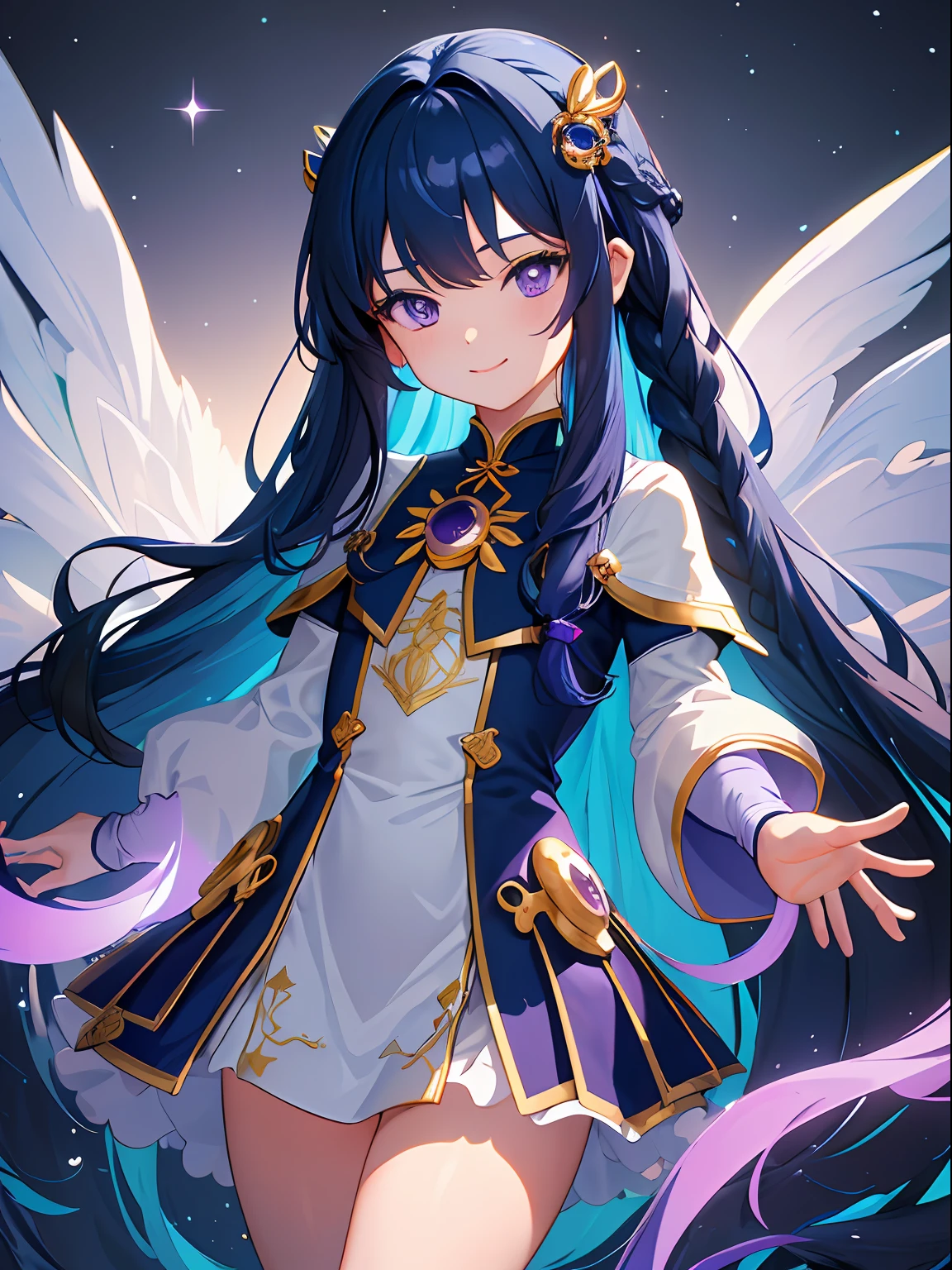 [(transparent backround:1.5)::5],(((​masterpiece))),(((top-quality))),(((ighly detailed))),illustratio, 1girl in,独奏,vivd colour,bare-legged,a closeup,Dynamic Actions,Lens perspective, volume illumination, multi-color eyes, A detailed eye, ultra-detailliert、a smile、ighly detailed、Beautiful fece、detaile、ultra-detailliert、top-quality、Convoluted、4K、8K、Trending on ArtStation、Superior anatomy、beautiful  lighting、(12year old:1.5),(Braid hair:1.2),(Long hair:1.4),(Deep blue hair:1.5),(Purple eyes:1.5),（Small breasts(Bee Cup):1.5),(child),(magical little girl:1.5),