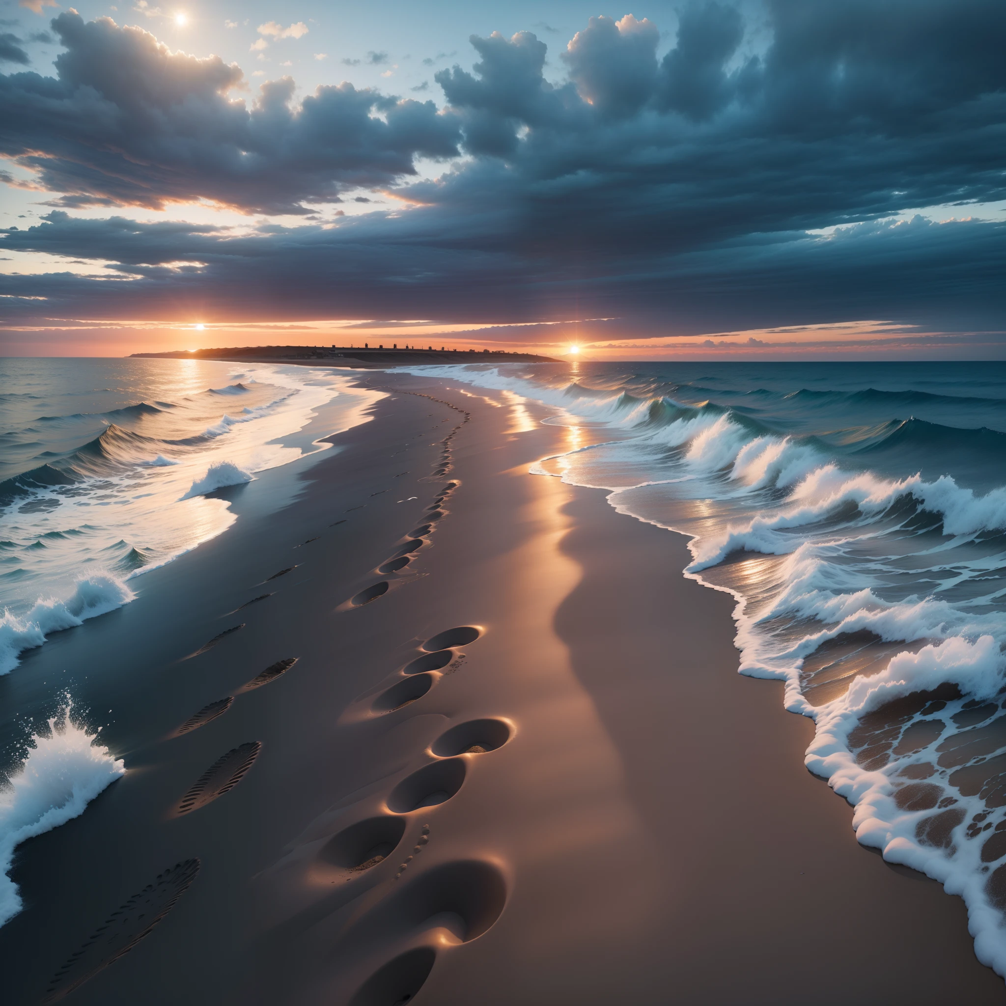 Blue sea, a row of footprints, the sun sets in the west, and the cloudy sky