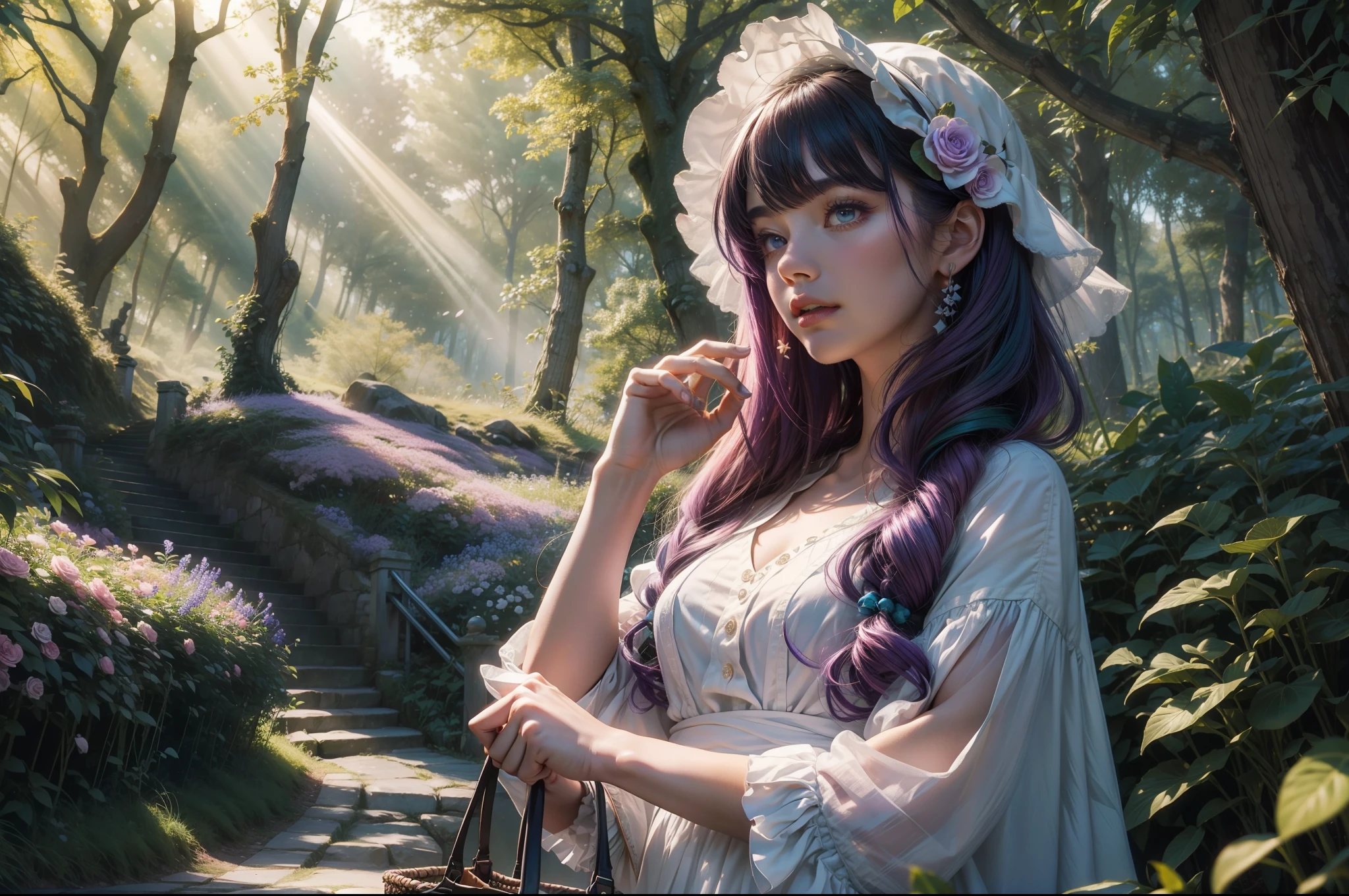 Close up of a girl ascending an slight slope through a forest. She holds a basket of flowers. Deep purple hair on the wind. Dark green eyes. Pink, white and blue conservative dressed. Rays of light filtering through the trees. Green trees intertwin their branches over the path. Bushes and some flowery plants under the trees. Colourful image. Highly detailed. Ray traicing.