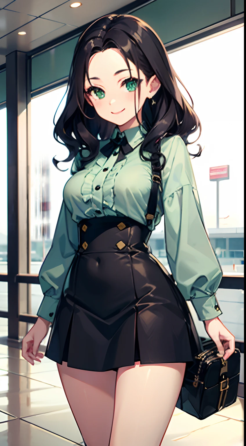 ((Best Quality)), (Ultra-detailed), ((Extremely detailed)), (Beautiful), ((Kawaii Girl)),Medium Hair,Forehead,Dark blue hair,(Wavy Hair),Green eyes,smock blouse,Mini skirt,regular breasts,Smile,Airport lobby,One Woman