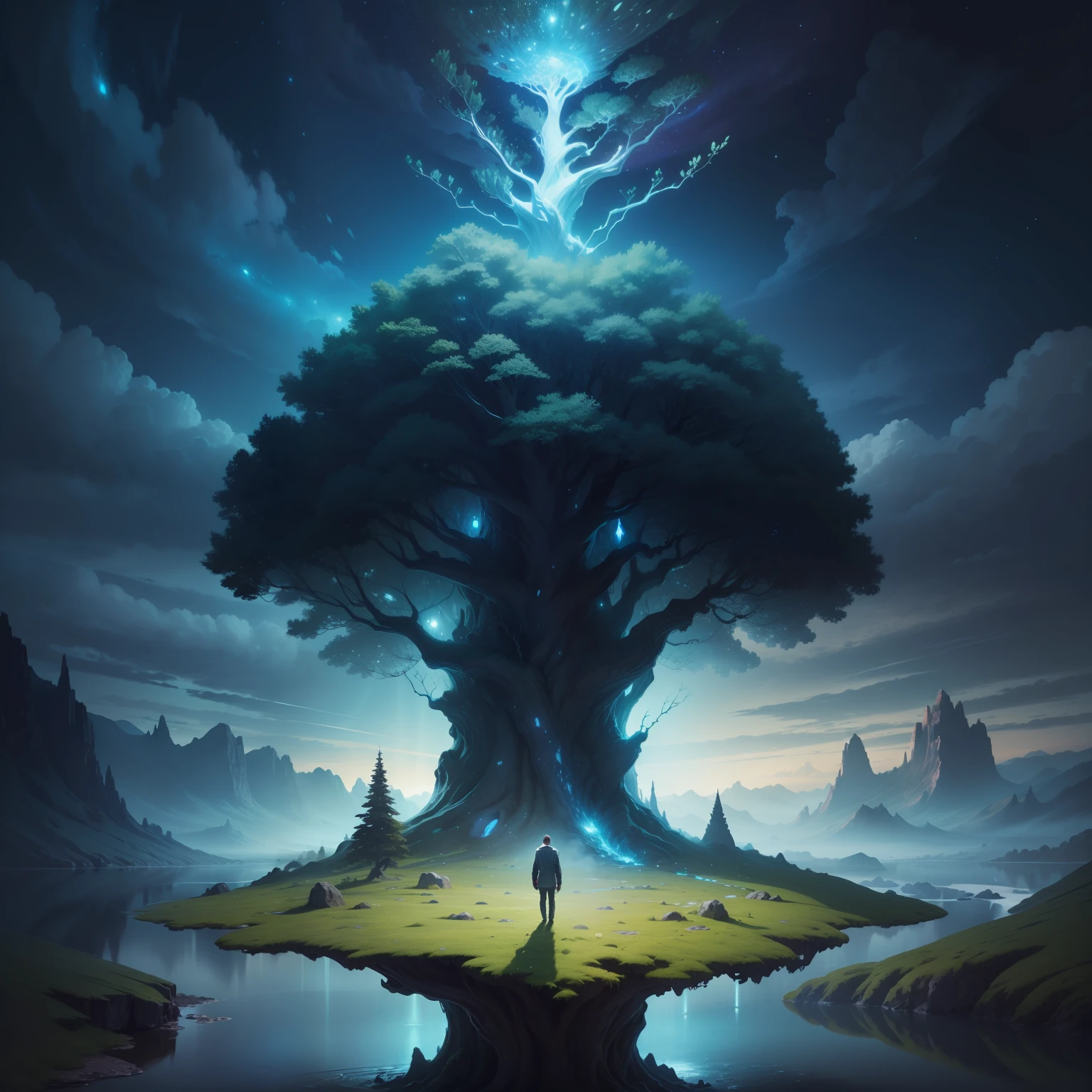 Illustration of a hyperrealistic , otherworldly, ultrasky scene featuring a giant crystal tree full body,very detailed and magical lighting, intricate forest details, vegetation and river around, solarpunk ,landscape, giant tree, beatifull leafy with beautiful lighting and realistic proportions, as if it were a cinematic background, 8k, highest quality, masterpiece, clouds and stars in the sky.