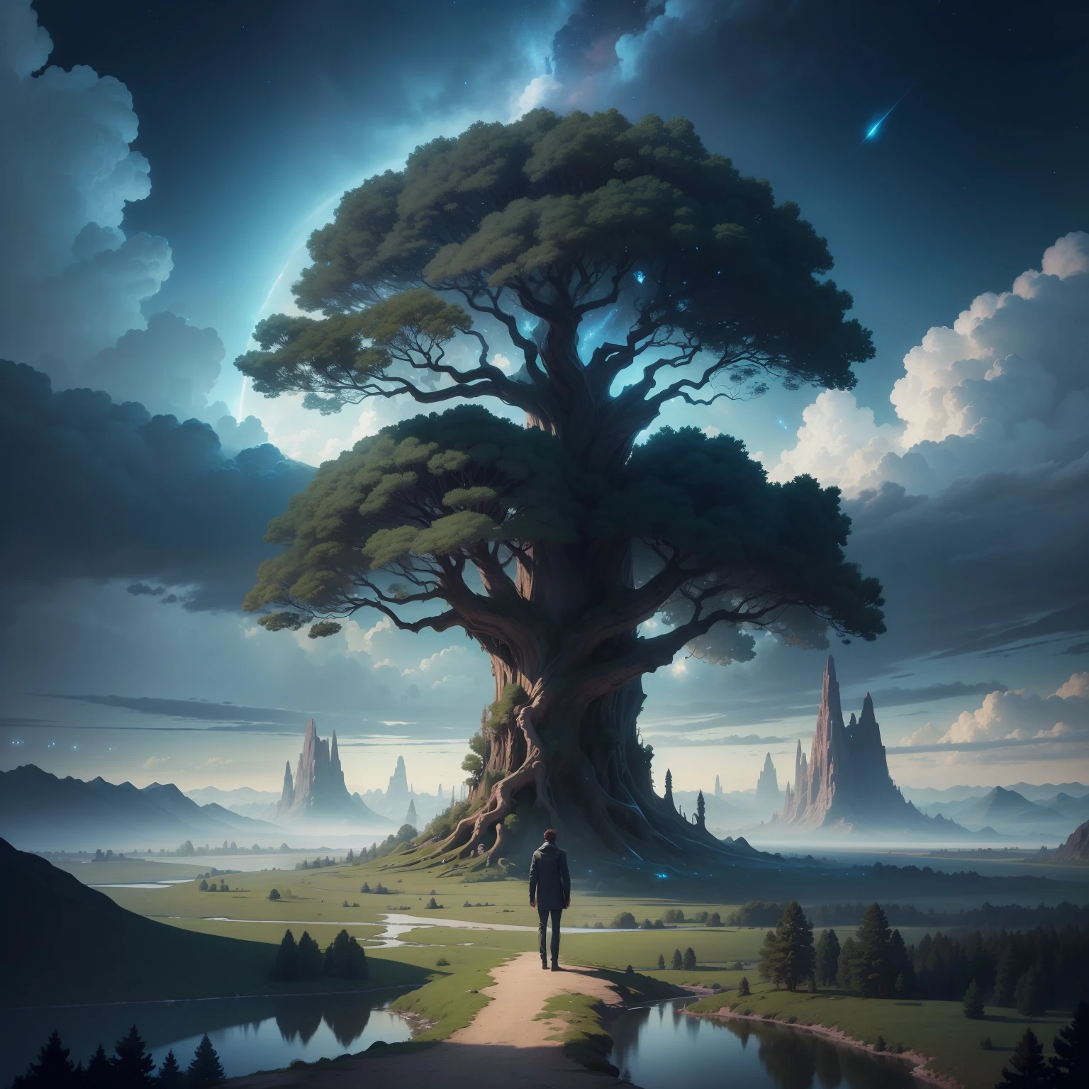 Illustration of a hyperrealistic , otherworldly, ultrasky scene featuring a giant crystal tree full body,very detailed and magical lighting, intricate forest details, vegetation and river around, solarpunk ,landscape, giant tree, beatifull leafy with beautiful lighting and realistic proportions, as if it were a cinematic background, 8k, highest quality, masterpiece, clouds and stars in the sky.