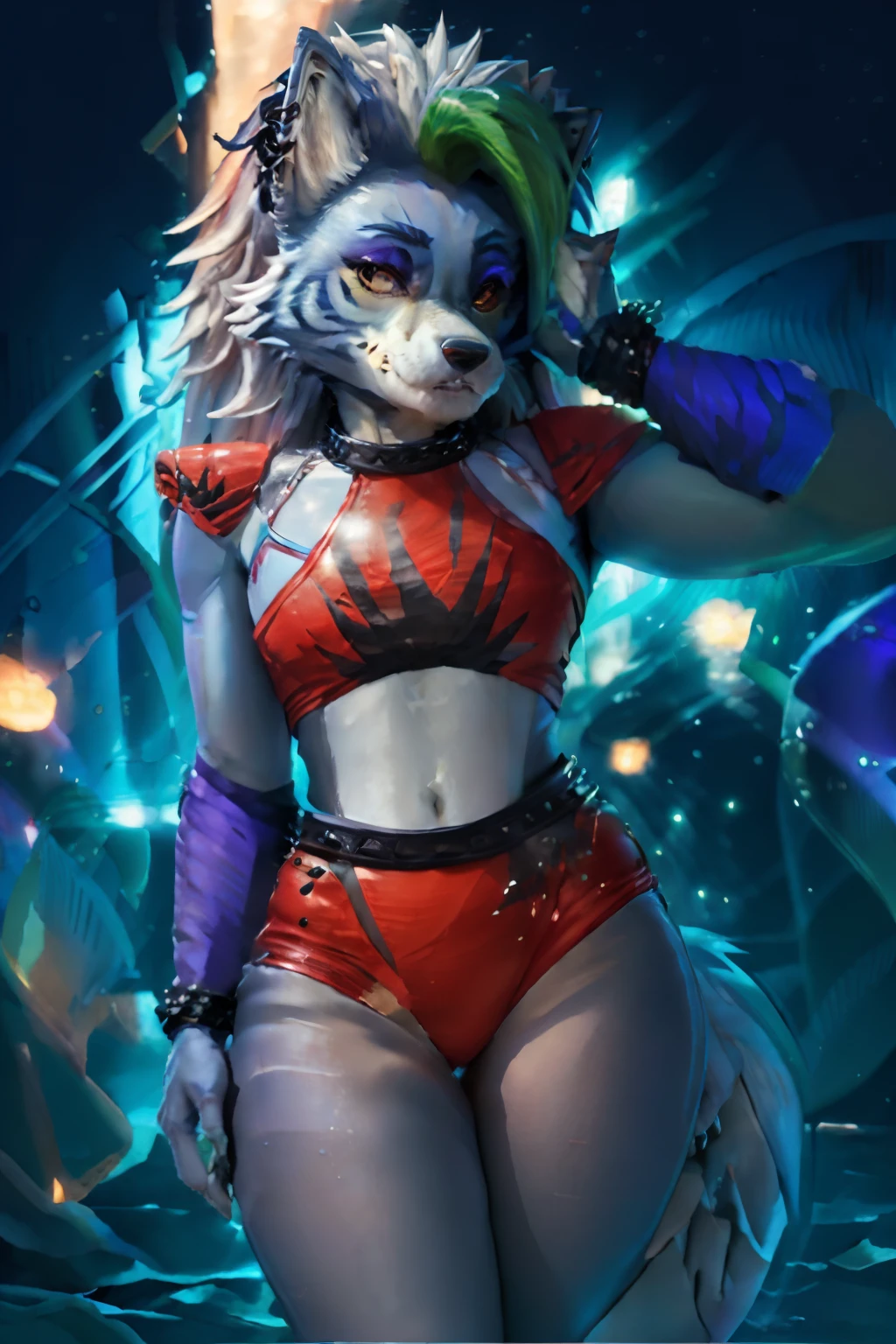 (masterpiece, best quality:1.2), cowboy shot, solo, 1girl, fnafroxanne, furry female, body fur, makeup, looking at viewer, hand on hip, wolf ears, crop top, collar, spikes, jewelry, ear piercing, bracelet, wolf tail