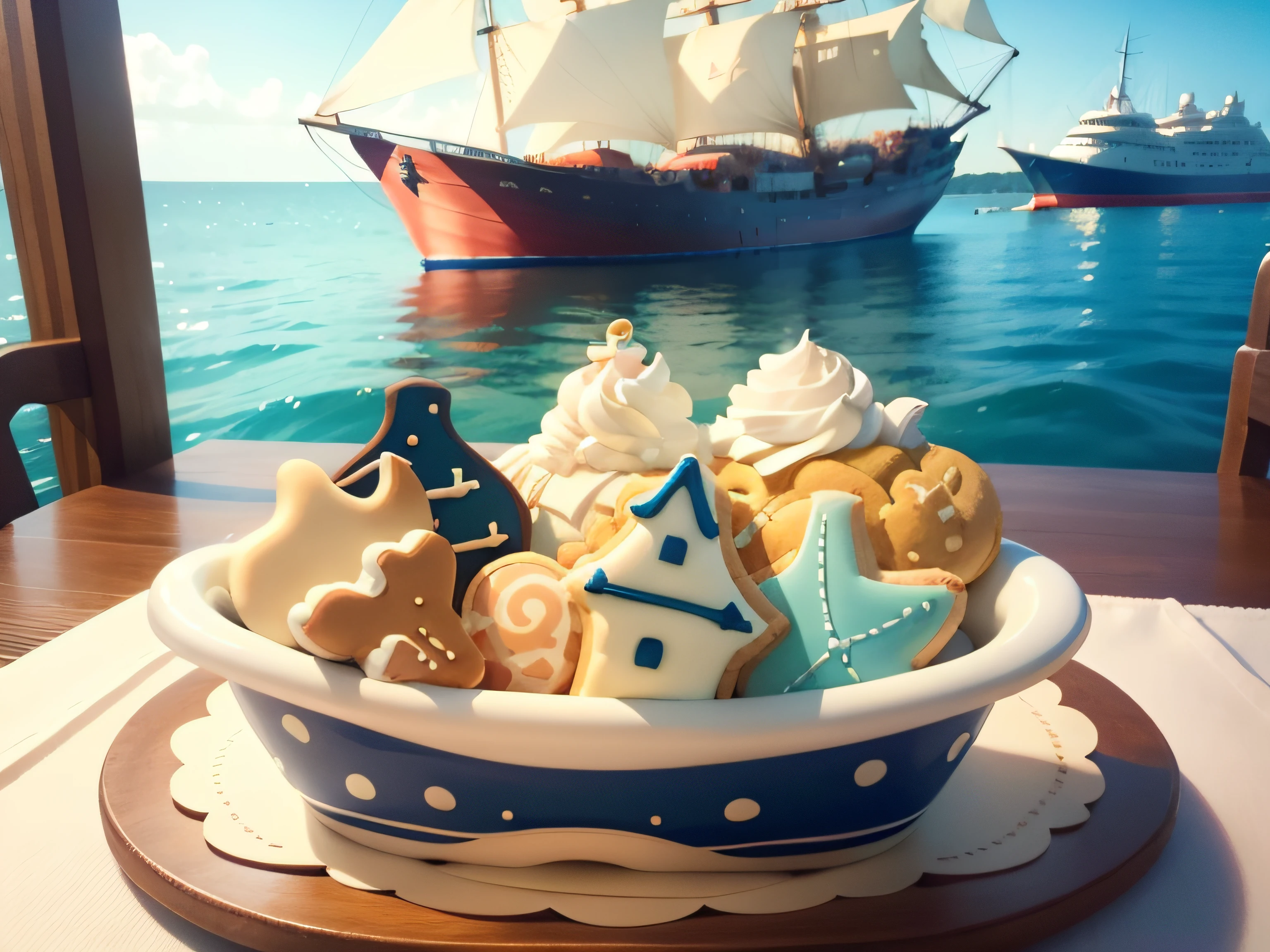 Nautical themed icing cookies and tableaux, In a variety of shapes and colors, Realistically rendered, photo-like style,Bottleship in the background.