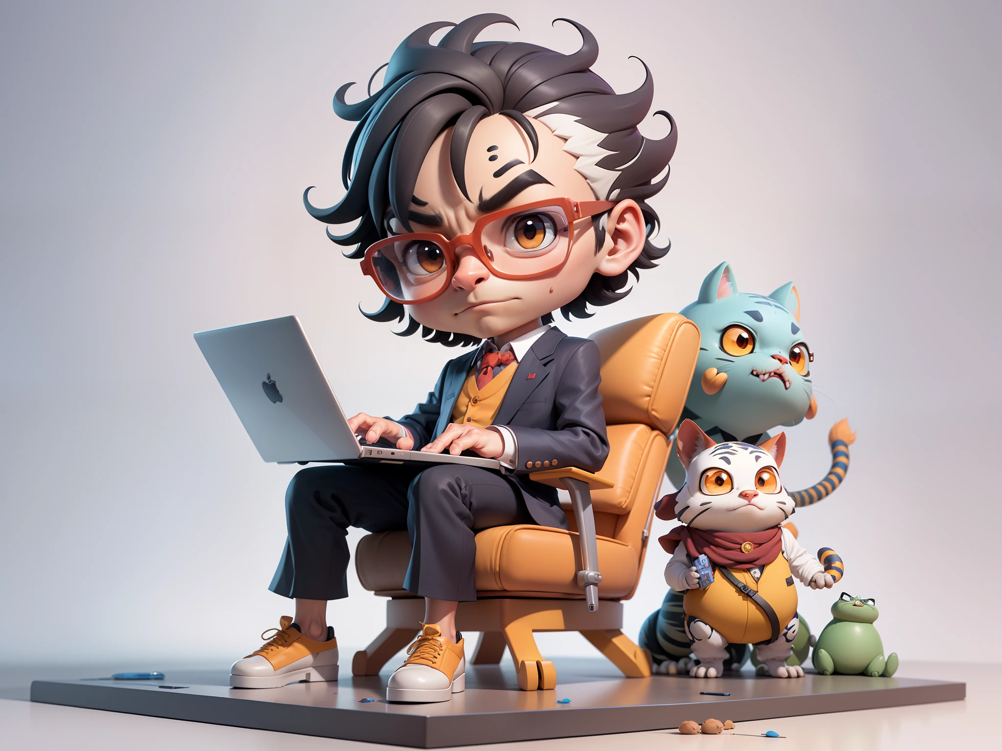 A young man in a suit, Short hair and glasses sat at his desk，holding laptop，digitial painting，tigre，3D character design by Mark Clairen and Pixar and Hayao Miyazaki and Akira Toriyama，4K HD illustration，Very detailed facial features and cartoon-style visuals。