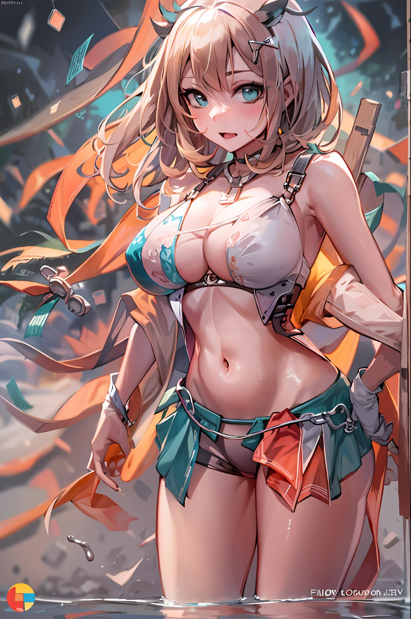 Best Quality, 1girl in, hight resolution, px4storm \(Summer\),
(Soft breasts:0.6), (Sexy legs:0.4), bikini of, flipflops, Two-tone bikini, multicolored bikini,
Detailed, Beautiful, absurderes,