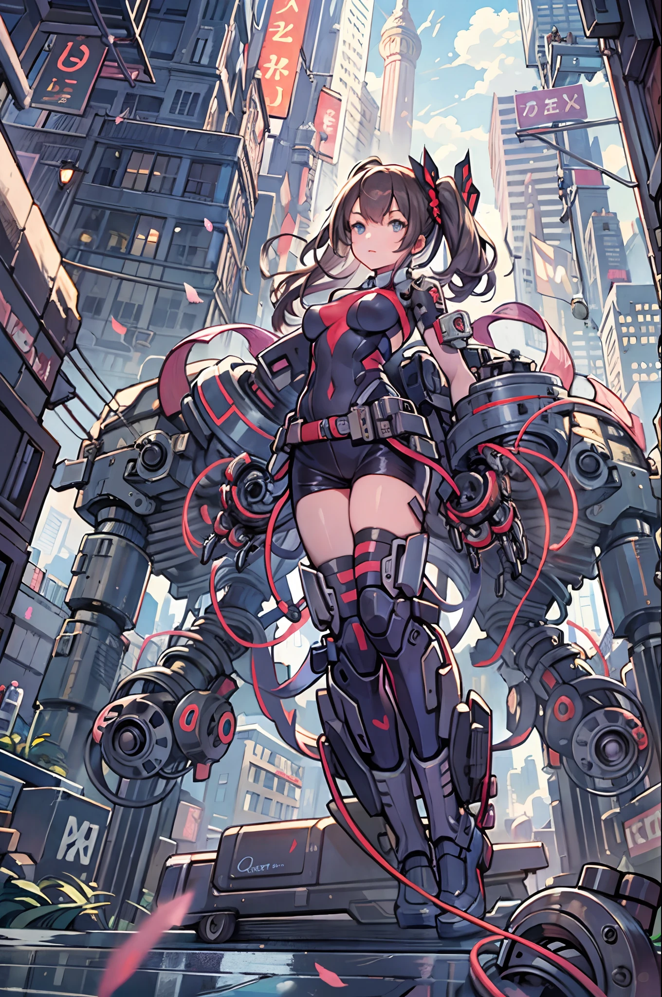 best quality,detailed background,girl,mechanical arms, cityscape,