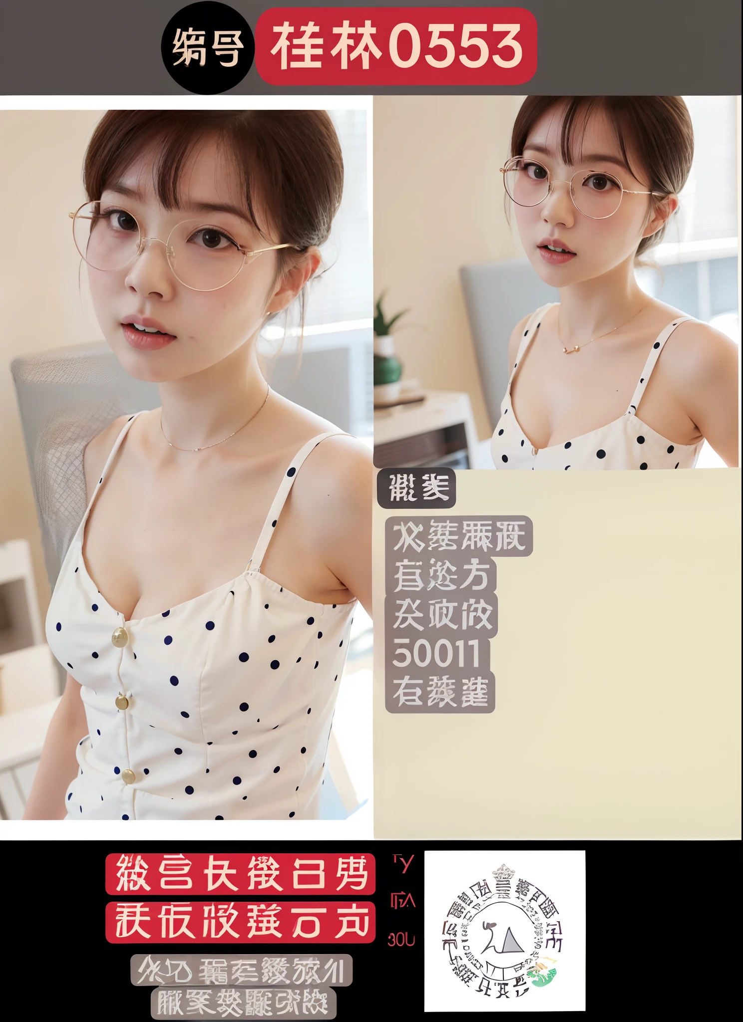 Close-up of a woman wearing glasses and a polka-dot dress, smooth white tight clothes suit, reluvy5213, Open V chest clothes, 3 0 years old woman, 30 year-old woman, glasses glasses, pale milky white porcelain skin, girl cute-fine face, xintong chen, young cute wan asian face