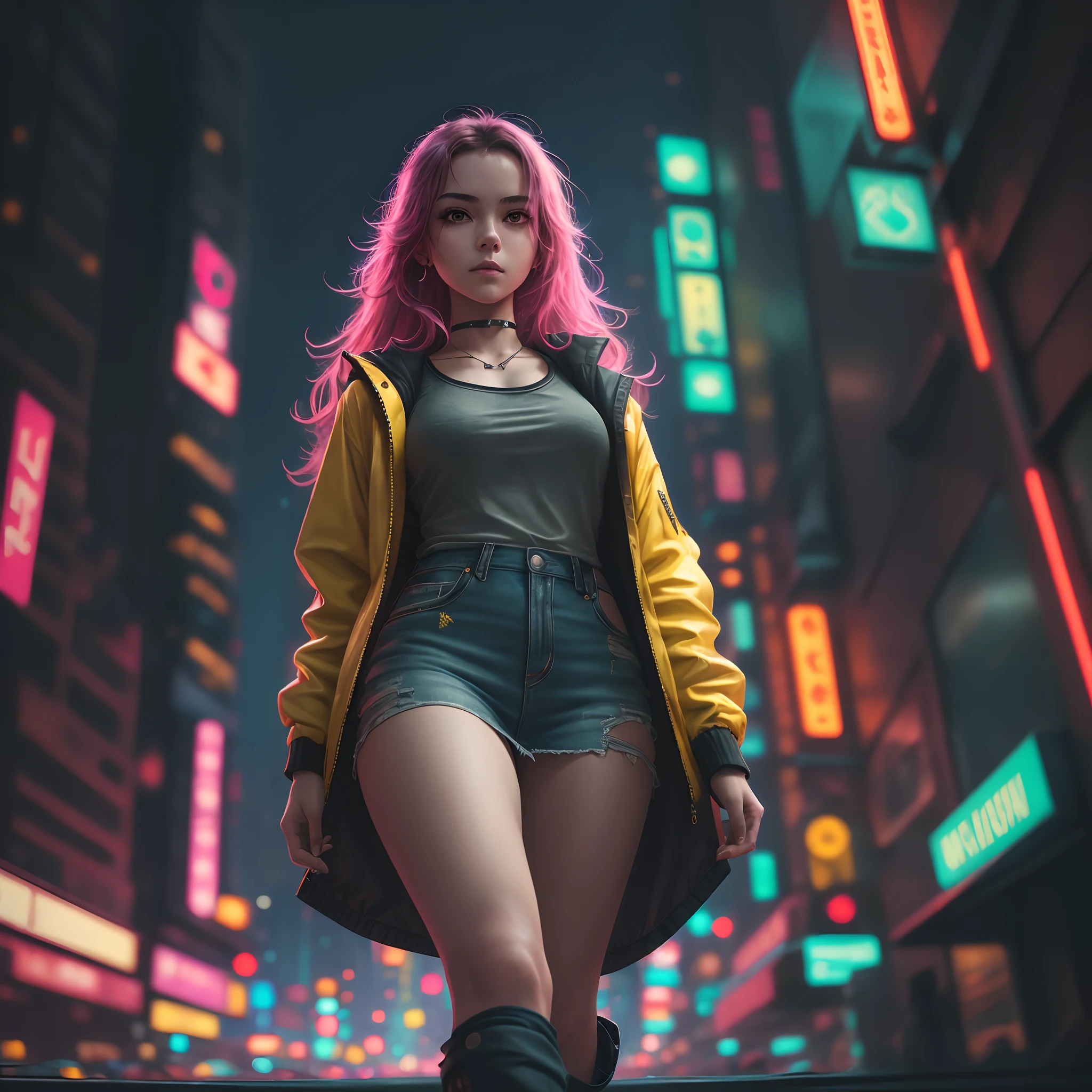 (masterpiece), best quality, ultra high res, close up portrait, walking pose, cyberpunk style, 1girl,(oversized yellow jacket),long hair, night city,(neon lights), photon mapping, radiosity, physically-based rendering, cinematic lighting, intricate, High Detail, Sharp focus, dramatic, photorealistic --auto --s2