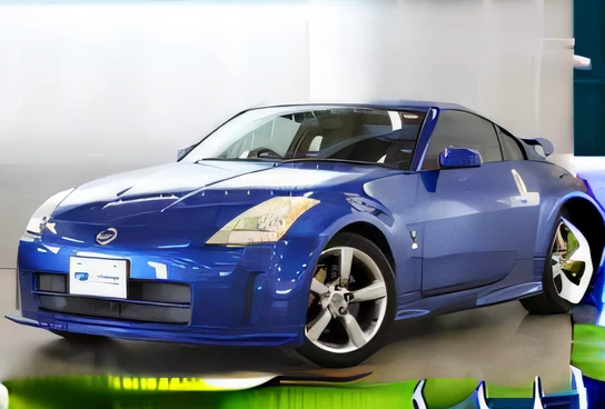 Close-up of a blue sports car in a room, with sleek lines and a powerful, blue tinted, Late 2000s, with a blue background, cyan colors, cobalt blue, Electric Blue, front, with blue skin, Cobalt coloring, pristine and clean, 2 0 0 0 s, 2000s, 2 0 0 5