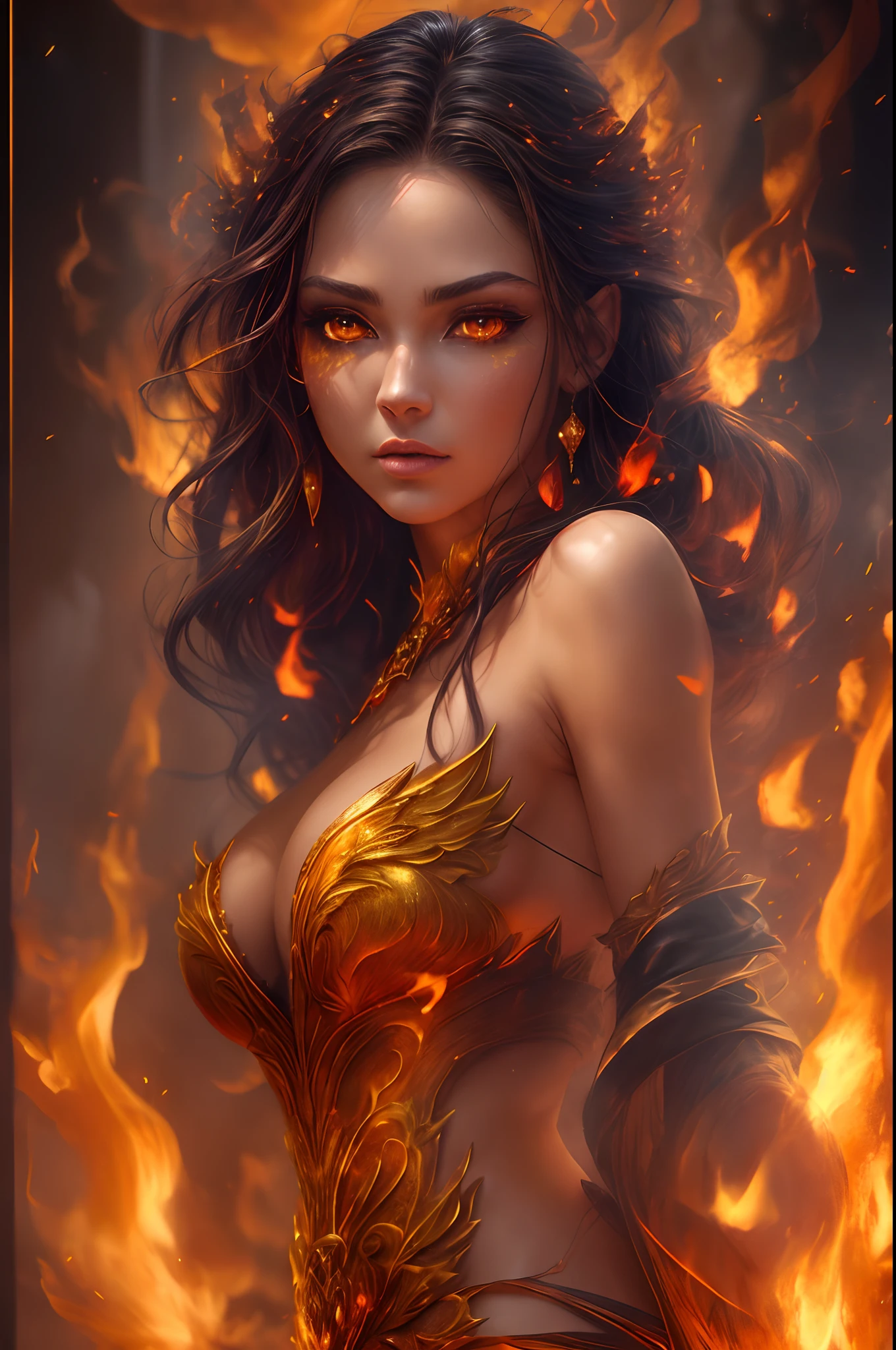 This (realistic fantasy) art contains embers, real flames, real heat, and realistic fire. Generate a masterpiece artwork of a ite female fire druid with large (((orange and gold))) eyes and realistic skin and hair texture. The fire druid is awe-inspiring with beautiful ((realistic fiery eyes)) alight with confidence and power. Her features are elegant and well defined, with ((soft)) and (((puffy))) and (((smooth))) lips, elven bone structure, and realistic shading. (((Her eyes are important and should be the focal point of this artwork))), with ((extremely realistic details, macro details, and shimmer.)) She is wearing a billowing and glittering dress ((made of realistic flames)) and jewels that glimmer in the fire light. Wisps of fire and smoke line the intricate bodice of the dress. Include bumps, stones, fiery iridescence, glowing embers, silk and satin and leather, an interesting background, and heavy fantasy elements. Camera: Utilize dynamic composition techniques to enhance the realistic flames.