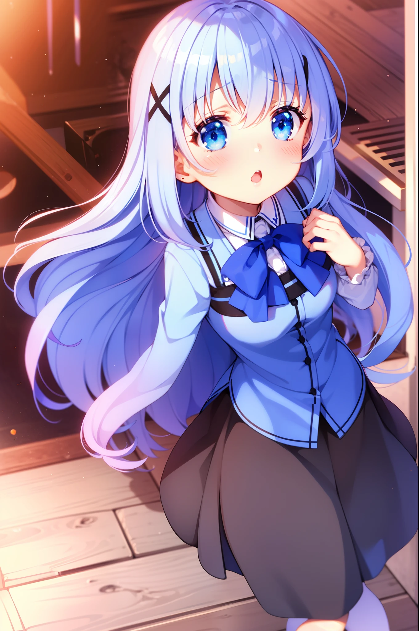 Is your order a rabbit?.Tomona Kaze.long hair.Blue eyes.light Blue hair.Face of sadness.Opening Mouth.large full breasts.put hands on the hip.up chest.