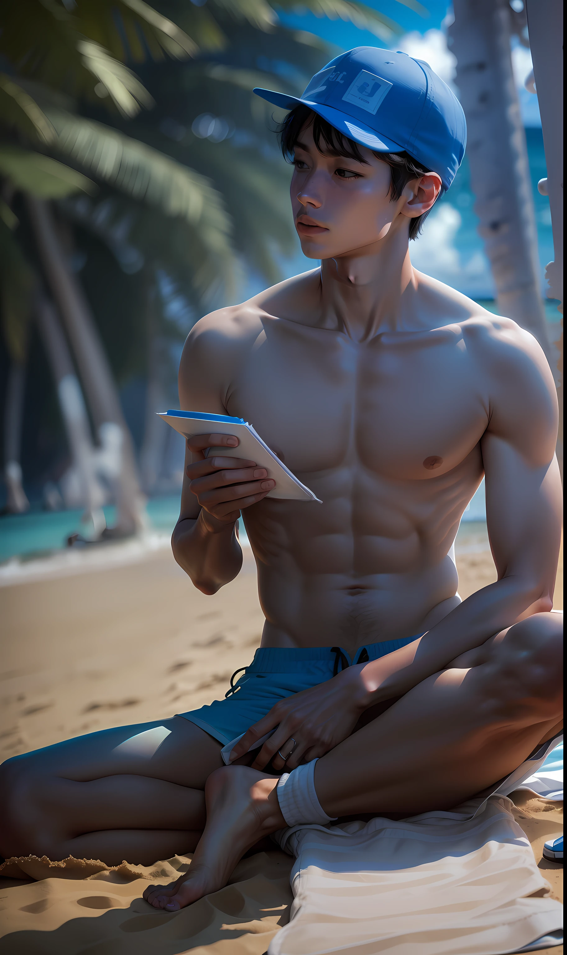 There was a man standing on the beach., white canvas shoes, Blue short-sleeved shirt, white shorts, A face like mine., perfect skin, Sea Background, illustration