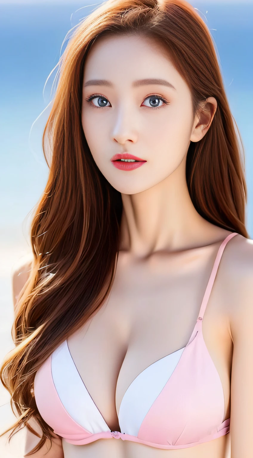 top-quality。８K-Picture。hight resolution。The background is a vast ocean。girl with。Long wavy hair。The color is pink。Beautiful Women in Perfect Style。Very delicately drawn face and skin texture。((Colossal tits：1.4))。Thin abs。((Slender Big Sister:1.4))。Depicted the whole body in detail。Pretty eyes。Crisp double eyelids。A perfect！Shot in colorful bikini。Blue eyes。