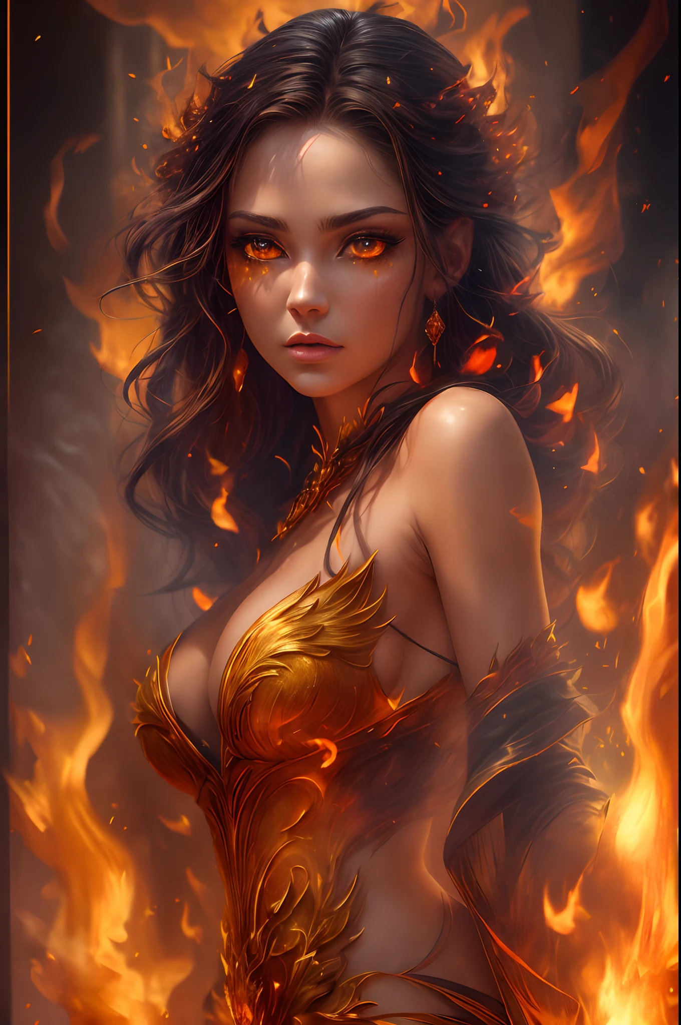This (realistic fantasy) art contains embers, real flames, real heat, and realistic fire. Generate a masterpiece artwork of a ite female fire druid with large (((orange and gold))) eyes and realistic skin and hair texture. The fire druid is awe-inspiring with beautiful ((realistic fiery eyes)) alight with confidence and power. Her features are elegant and well defined, with ((soft)) and (((puffy))) and (((smooth))) lips, elven bone structure, and realistic shading. (((Her eyes are important and should be the focal point of this artwork))), with ((extremely realistic details, macro details, and shimmer.)) She is wearing a billowing and glittering dress ((made of realistic flames)) and jewels that glimmer in the fire light. Wisps of fire and smoke line the intricate bodice of the dress. Include bumps, stones, fiery iridescence, glowing embers, silk and satin and leather, an interesting background, and heavy fantasy elements. Camera: Utilize dynamic composition techniques to enhance the realistic flames.