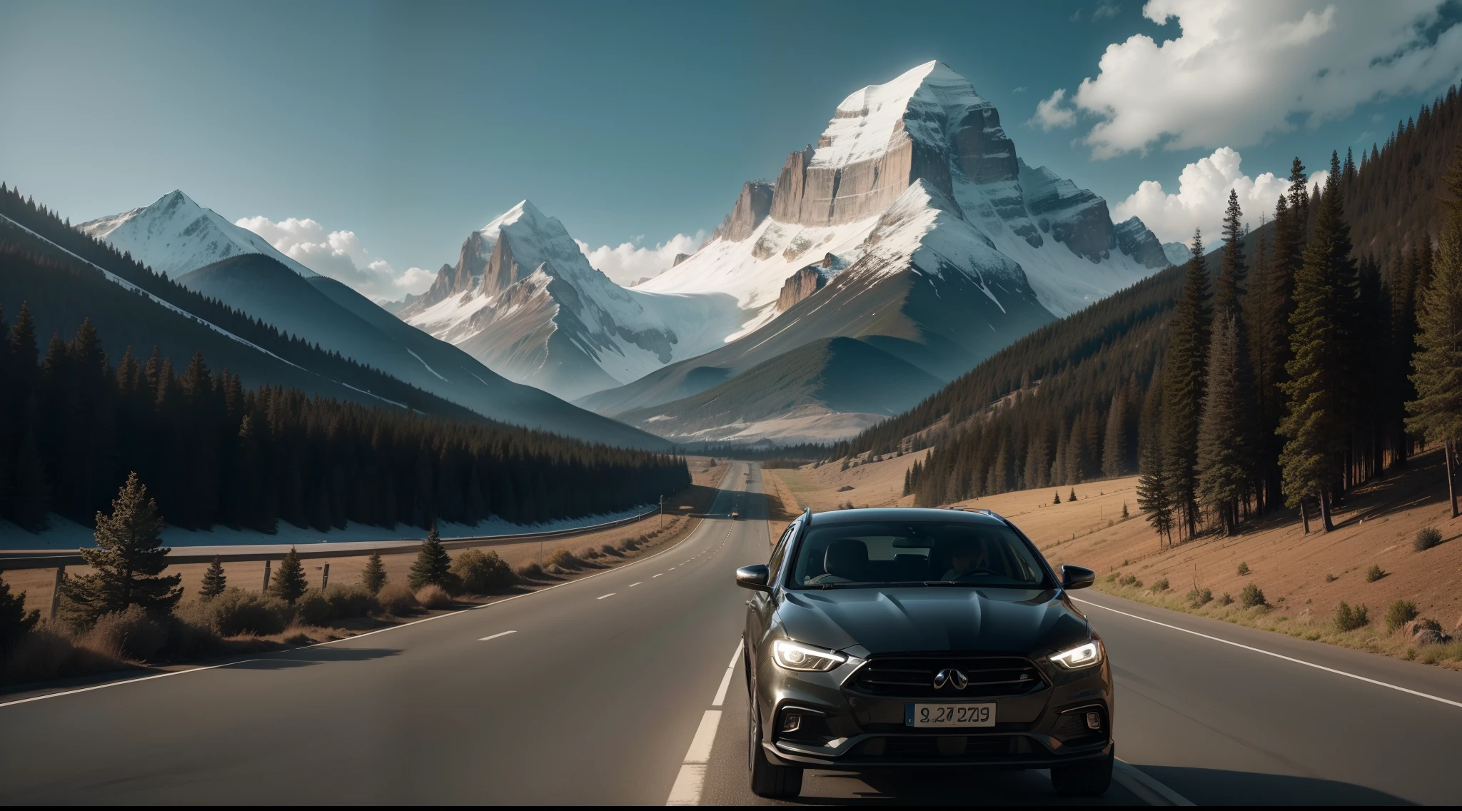 view of the car driving down a road with trees I a mountain in the background, video, cinematografica, imagem go pro, video, viagem pelas montanhas, belissima imagem, terror, dark, escuro, Image with tension, poucas cores, tons preto