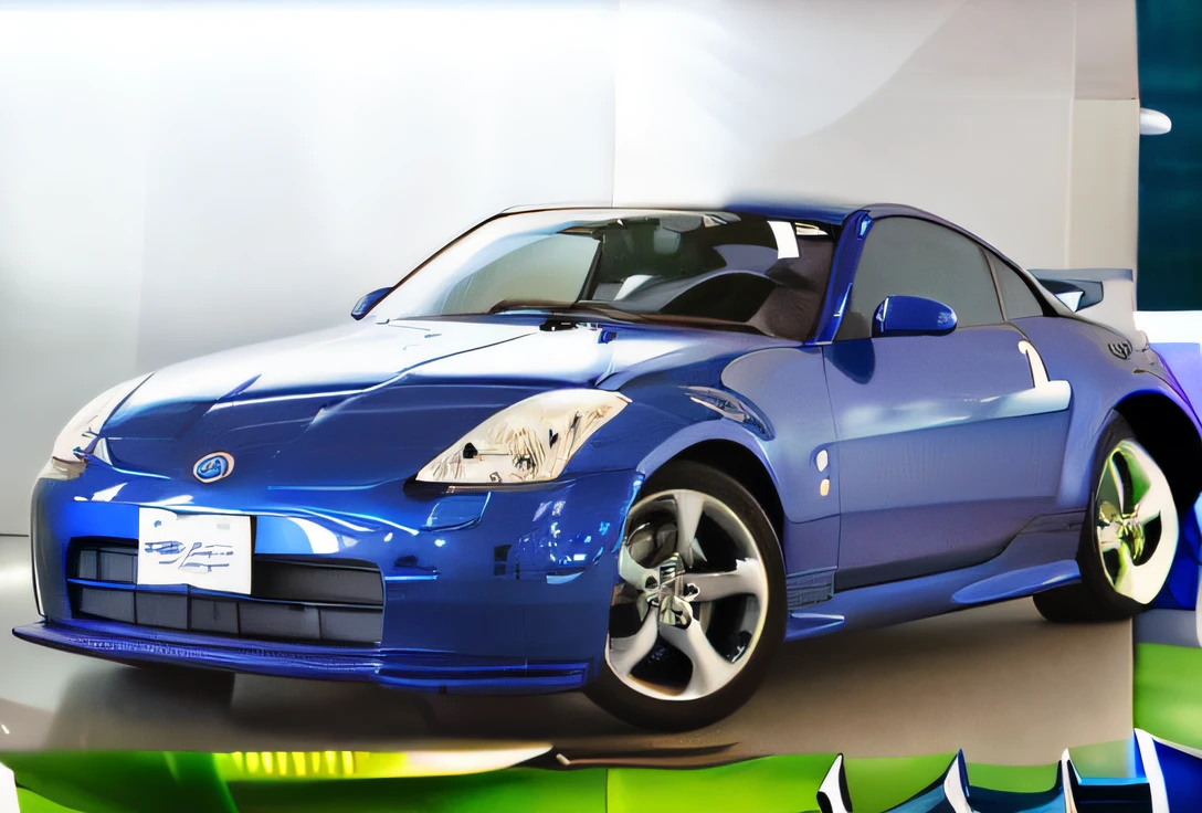 Close up of blue sports car in room, with sleek lines and a powerful, blue tinted, Late 2000s, with a blue background, cyan colors, cobalt blue, Electric Blue, front, with blue skin, Cobalt coloring, pristine and clean, 2 0 0 0 s, 2000s, 2 0 0 5