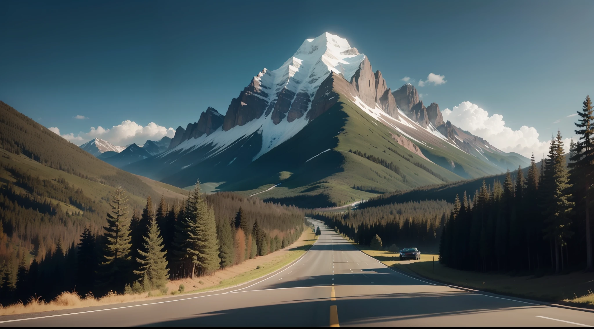 view of the car driving down a road with trees I a mountain in the background, video, cinematografica, imagem go pro, video, viagem pelas montanhas, belissima imagem, terror, dark, escuro, Image with tension, poucas cores, tons preto