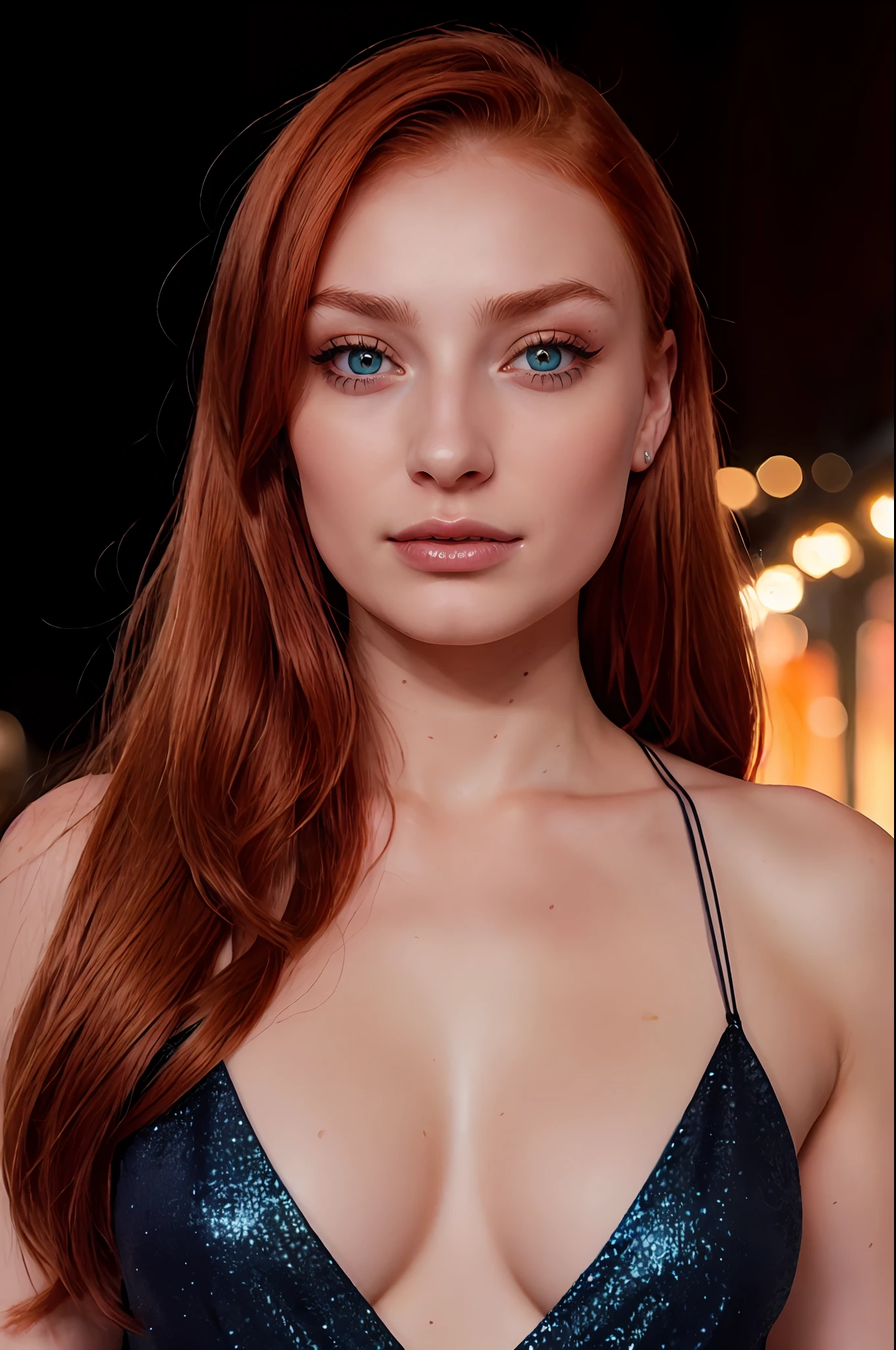 Sophie Turner, (very light copper hair), (sparkling blue eye), extremamente linda, maquiagem paleta escura, lipstick bordeaux, Reinforced black outline, (rosto insanamente detalhado), (perfeitamente real)