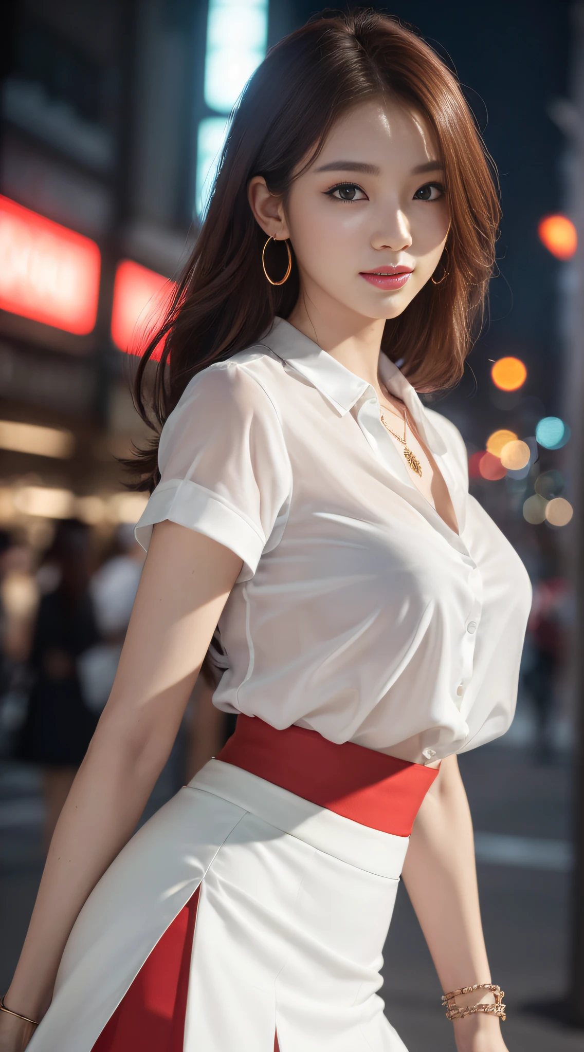 8k, masterpiece, RAW photo, best quality, photorealistic, extremely detailed CG unity 8k wallpaper, Depth of field, Cinematic Light, Lens Flare, Ray tracing, (extremely beautiful face, beautiful lips, beautiful eyes), intricate detail face, ((ultra detailed skin)) 1girl, in the dark, deep shadow, pretty korean girl, kpop idol,(very slim slender fit-muscled body:1.3), ((looking at viewer)),(big smile:1.3), (fashion city night, (neon sign), (blurry background), midnight, (no people), (without people in the background:1.3), pretty korean girl, white earrings, bracelets, necklace, pantyhose, clear eyes, walking , front shot, (pale skin), face forward, (big eyes), full body shot, ((see through, white color blouse)), ((red color skirt:1.3)), (brown hairs) (looking at viewer:1.3), (slander face),very slim, medium breasts, Hermes bag