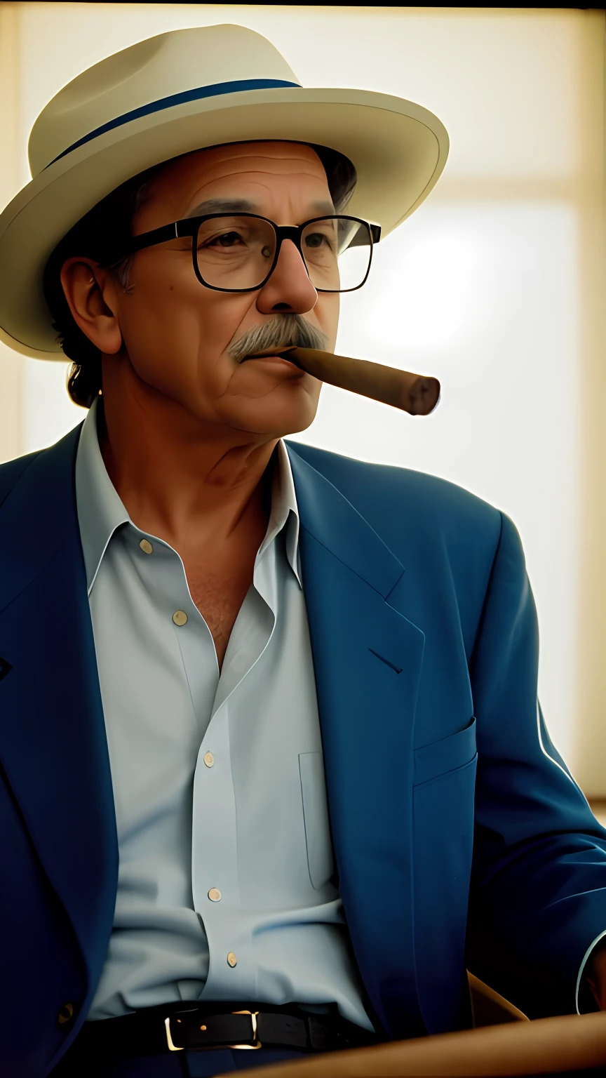 "Fotografia de 1995 de uma sala da chume labs, With a 71-year-old man in a blue suit and white Fedora hat and square glasses smoking a Cuban cigar with cigar smoke sitting in the office. foto antiga, estilo vintage, soft-lighting, sharpened details, nostalgic atmosphere, Filtro macio, cores desbotadas, subtle film grain."
