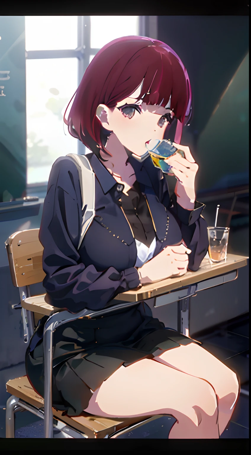 masterpiece, 1girl, solo, kana_arima\(oshinoko\),classroom, sitting, drink,soda, large breast