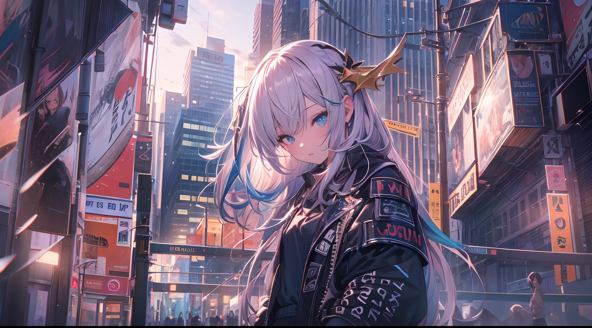 NY, (gradient hair, dutch angle:1.3), film grain, chromatic aberration, city, masterpiece, best quality, raw photo, photorealistic, absurdres, 1girl, cute, perspective, cowboy shot, highres, ultra detailed, detailed eyes and face, sharp pupils, realistic pupils, sharp focus, summer, night, detailed full figure, beautiful socks, Socks above the knees, chance meeting, runaway from home