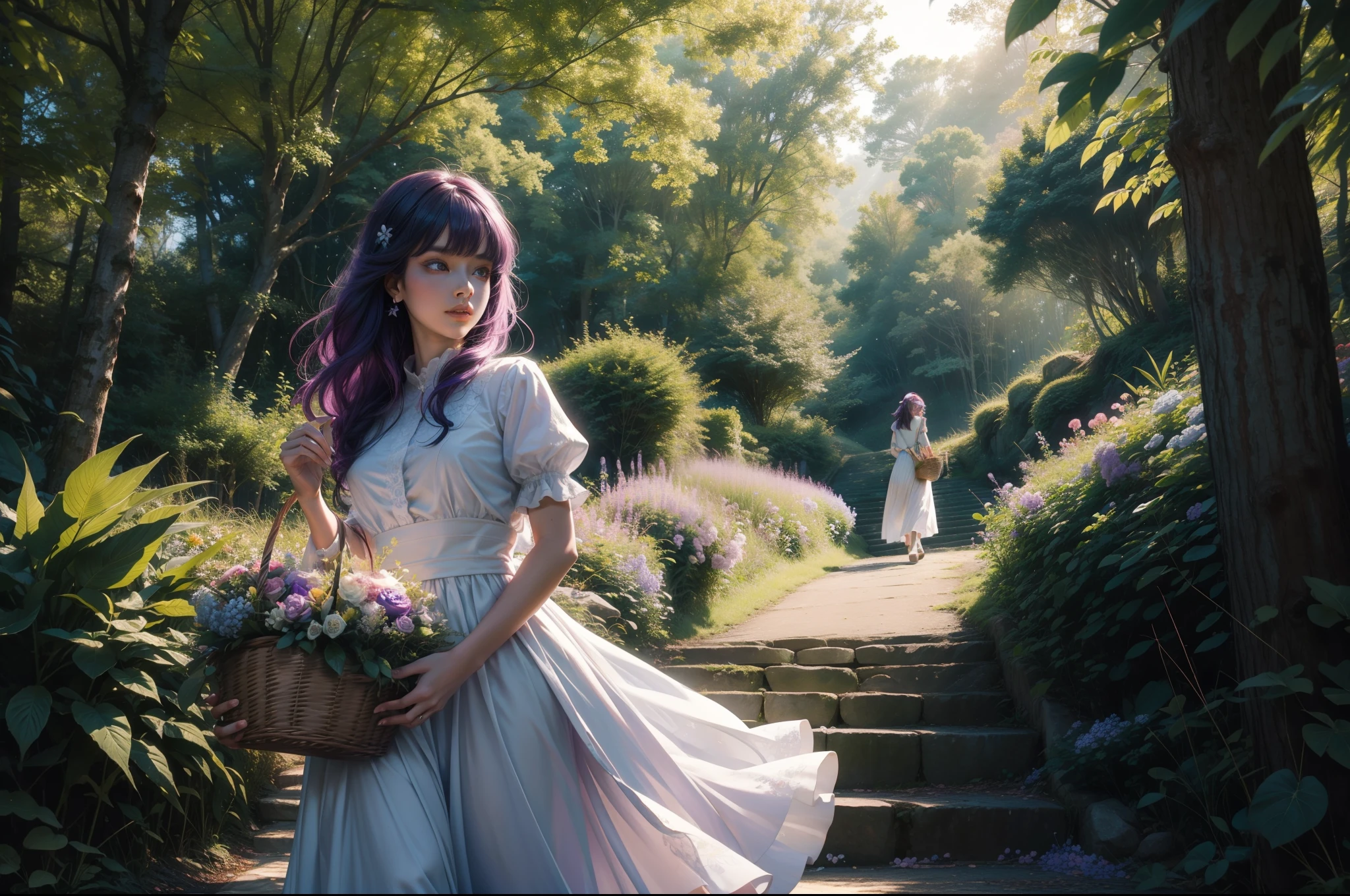 Close up of a girl ascending an slight slope through a forest. She holds a basket of flowers. Deep purple hair on the wind. Dark green eyes. Pink, white and blue conservative dressed. Rays of light filtering through the trees. Green trees intertwin their branches over the path. Bushes and some flowery plants under the trees. Colourful image. Highly detailed. Ray traicing.