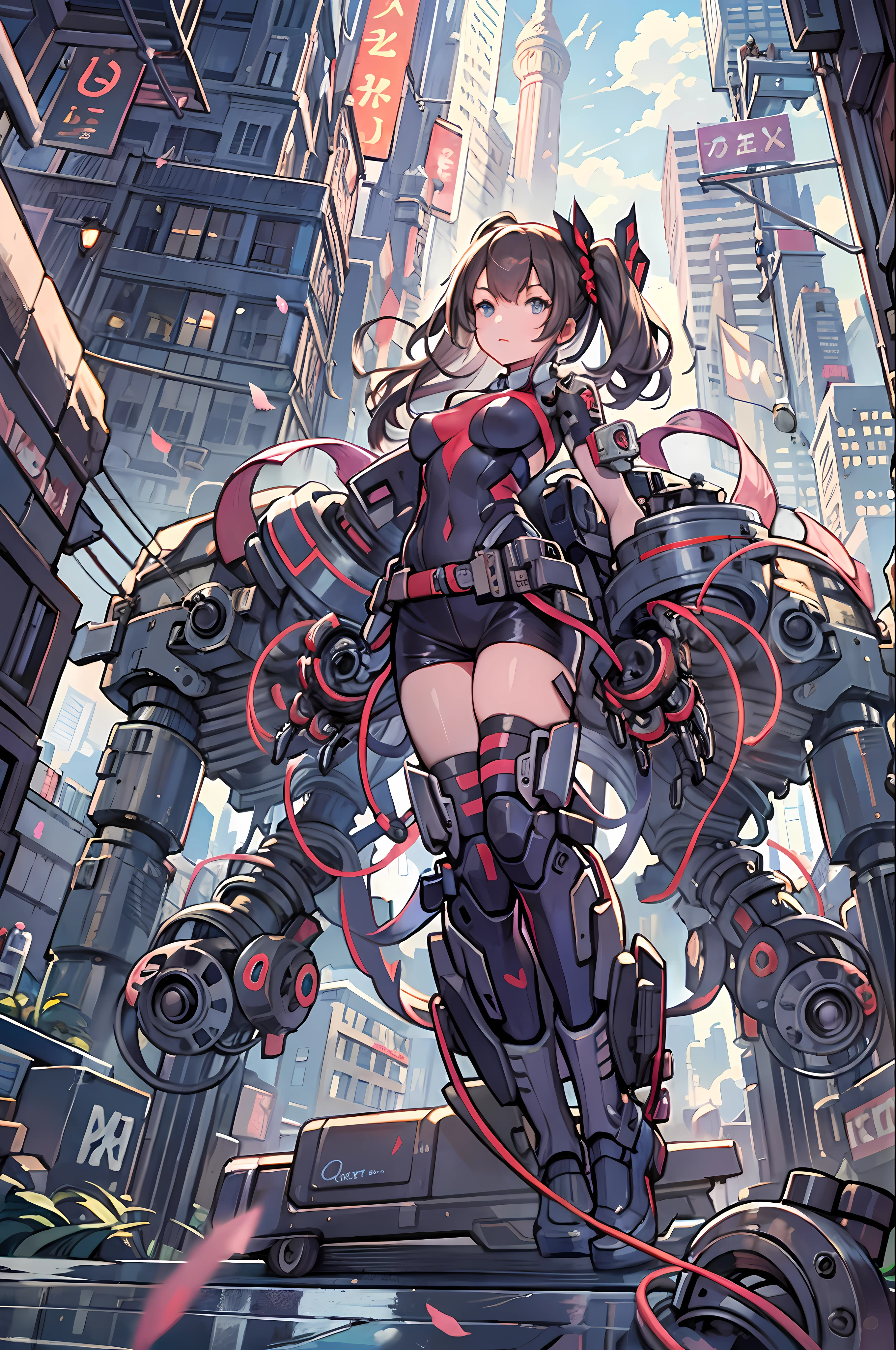 best quality,detailed background,girl,mechanical arms, cityscape,