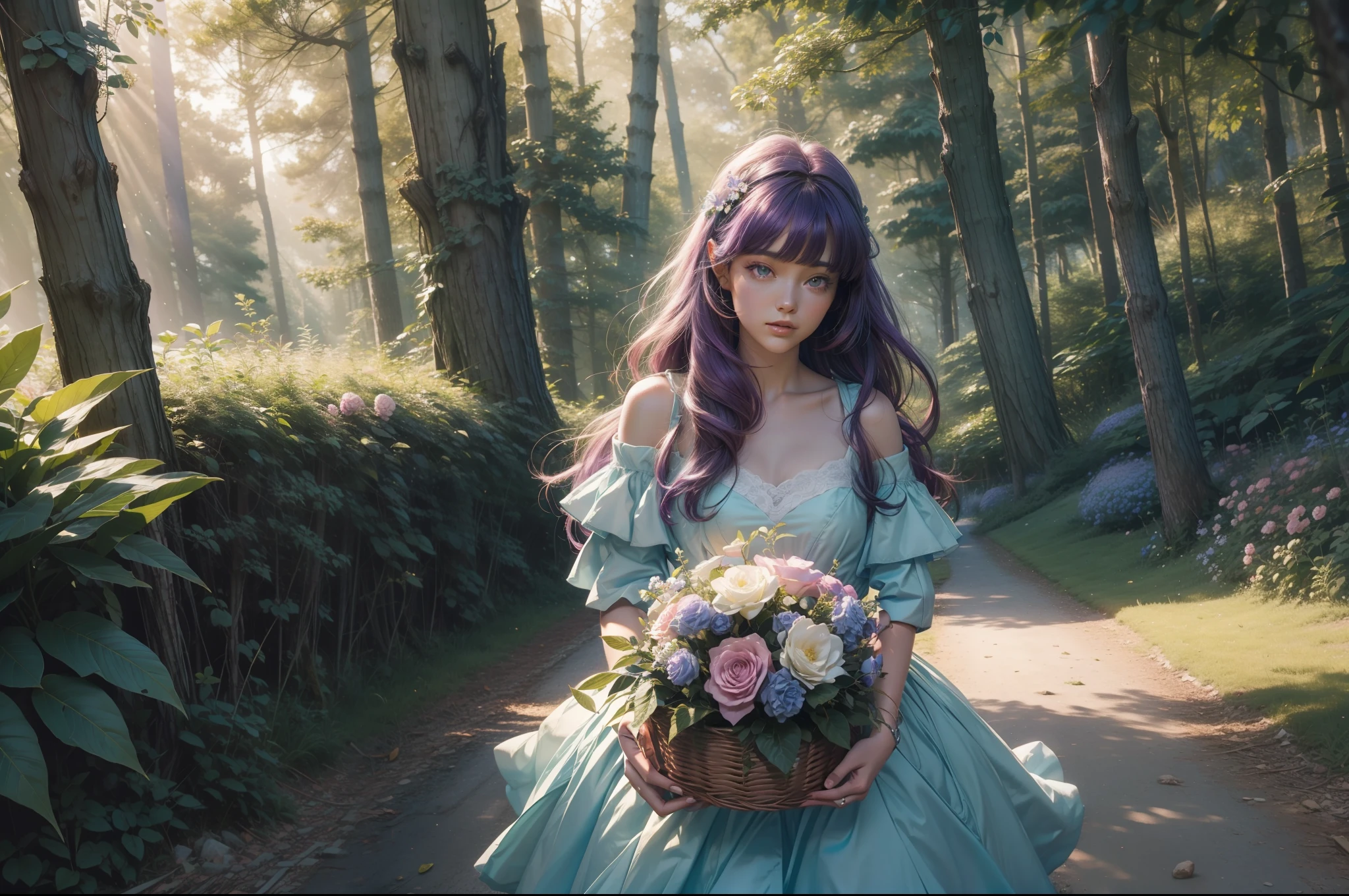 Close up of a girl ascending an slight slope through a forest. She holds a basket of flowers. Deep purple hair on the wind. Dark green eyes. Pink, white and blue conservative dressed. Rays of light filtering through the trees. Green trees intertwin their branches over the path. Bushes and some flowery plants under the trees. Colourful image. Highly detailed. Ray traicing.