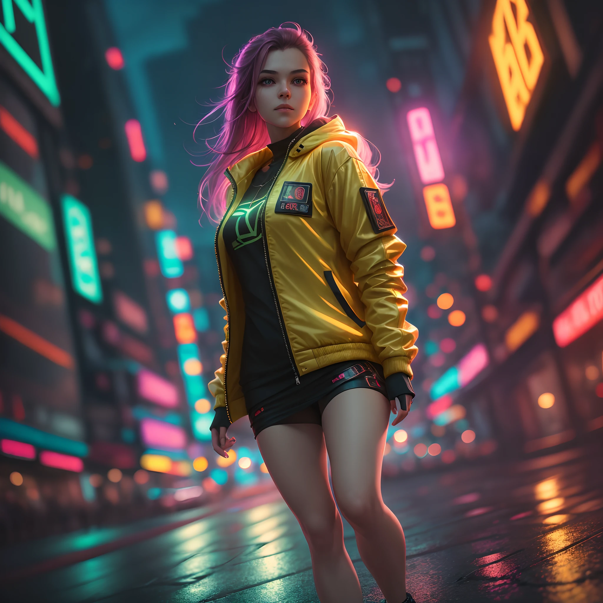 (masterpiece), best quality, ultra high res, close up portrait, walking pose, cyberpunk style, 1girl,(oversized yellow jacket),long hair, night city,(neon lights), photon mapping, radiosity, physically-based rendering, cinematic lighting, intricate, High Detail, Sharp focus, dramatic, photorealistic --auto --s2