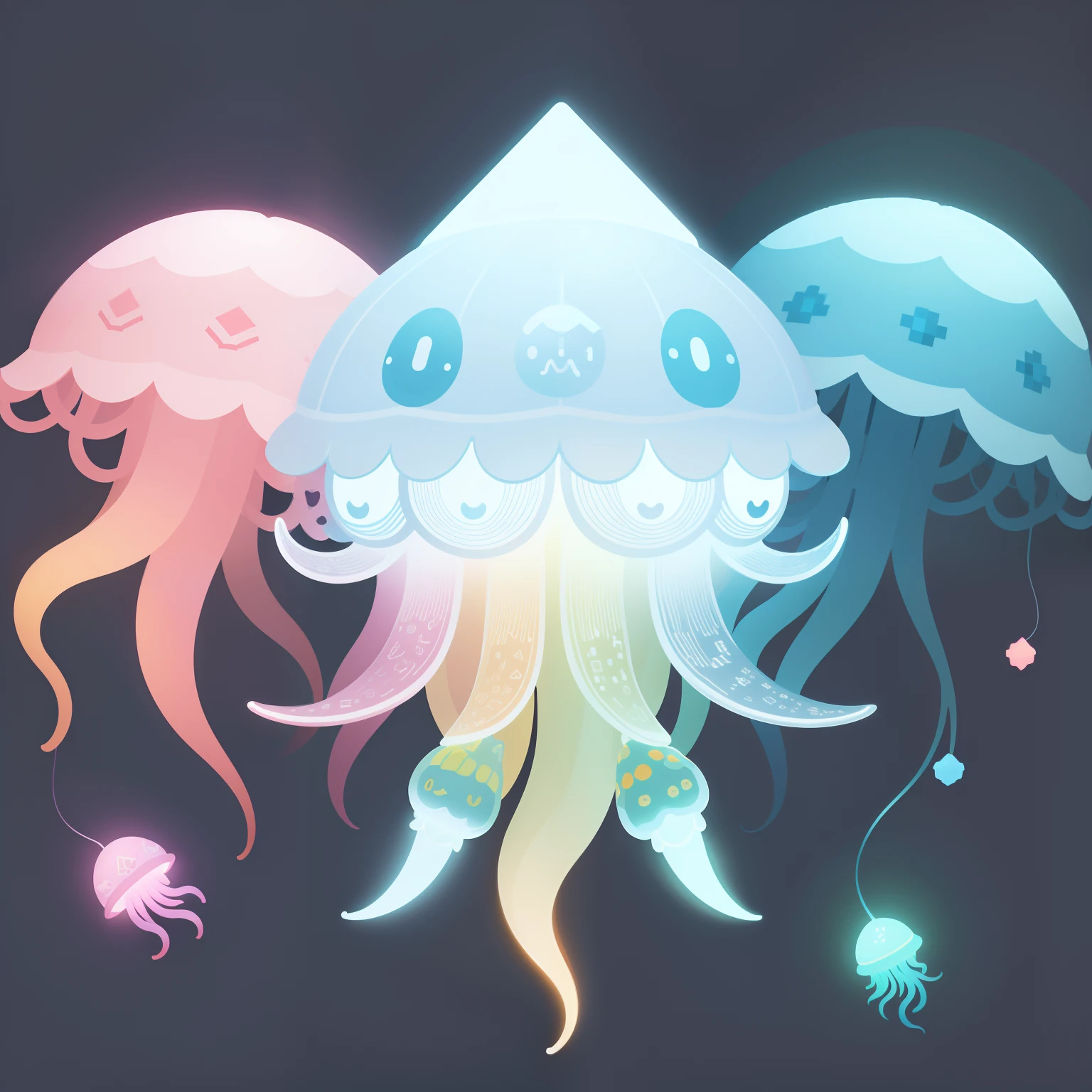 a closeup、Flat illustration、Geometric shapes、Colorful Rainbow 5、Jellyfish、Pixel art、cute little、illustratio、Yuru Chara、goods、plushies