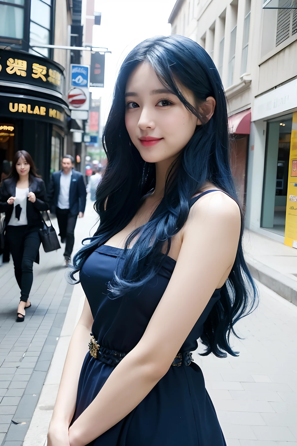 ((Top Quality, 8k, Masterpiece: 1.3)), 1 Girl, Smile, Slim Face, Pretty Woman, (Blue Hair), Full-Length Dress: 1.1, Ultra Detailed Face, Detailed Eyes, Double Eyelids, Blurred Background, Slim Face, City, Outside, Street, Korean Women, Curly Hair, Layer Cut, Long Hair